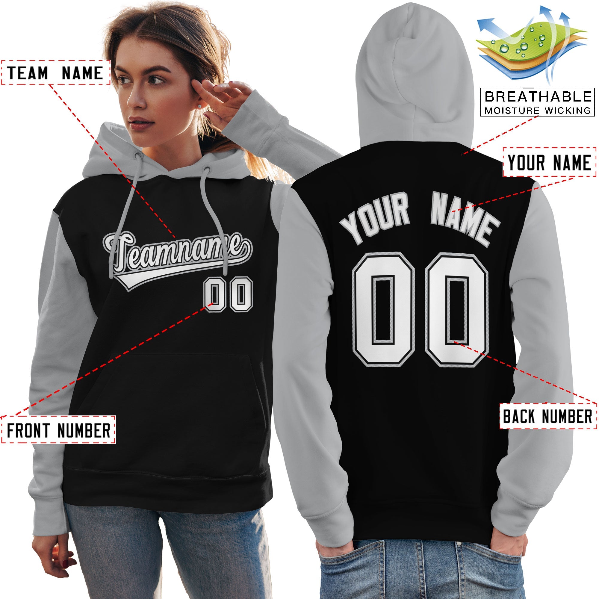 Custom Black White-Gray Raglan Sleeves Pullover Personalized Team Sweatshirt Hoodie