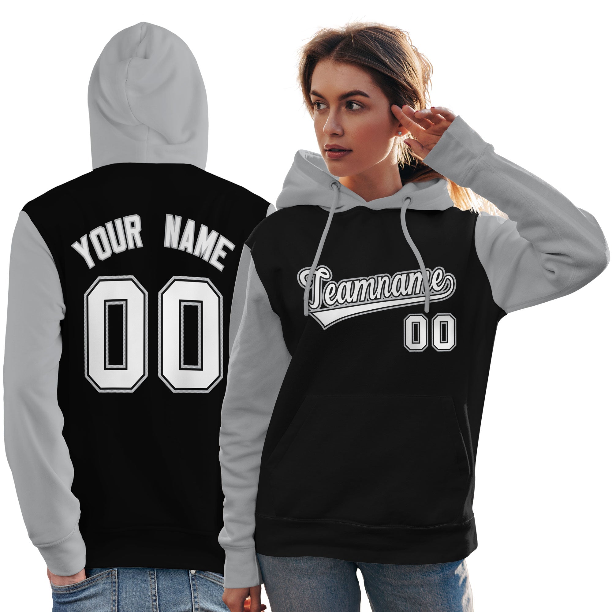 Custom Black White-Gray Raglan Sleeves Pullover Personalized Team Sweatshirt Hoodie