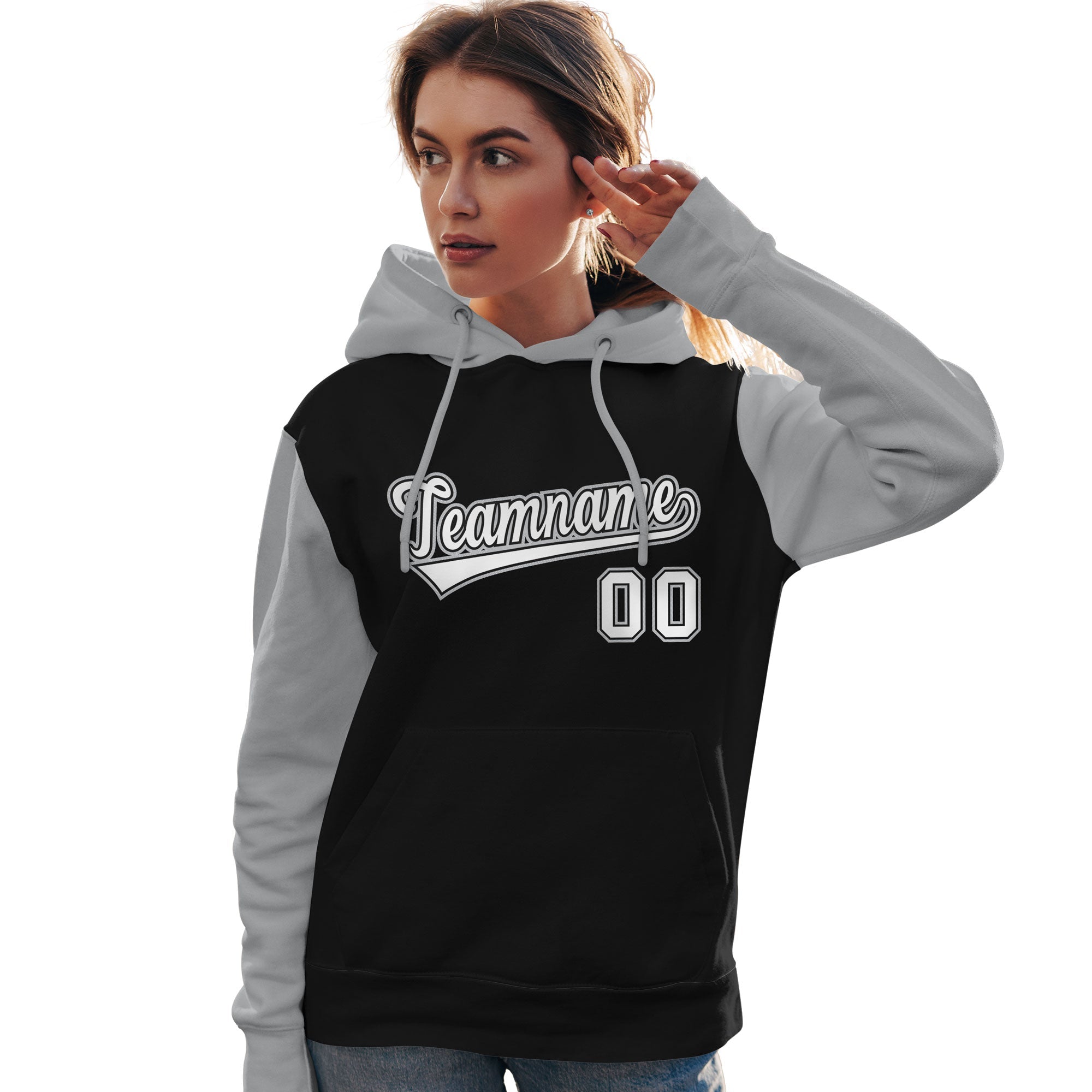 Custom Black White-Gray Raglan Sleeves Pullover Personalized Team Sweatshirt Hoodie