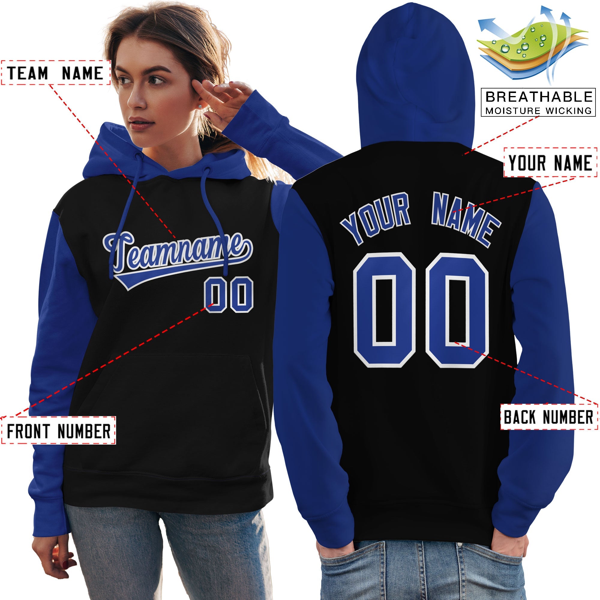 Custom Black Royal-White Raglan Sleeves Pullover Personalized Team Sweatshirt Hoodie