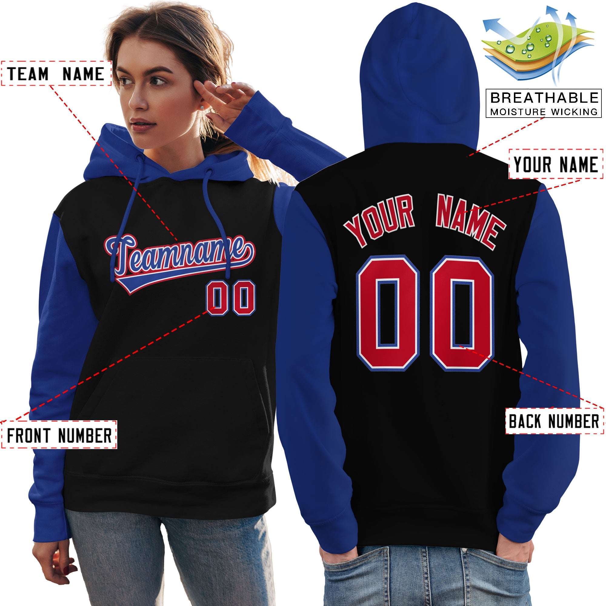 Custom Black Royal-Red Raglan Sleeves Pullover Personalized Team Sweatshirt Hoodie