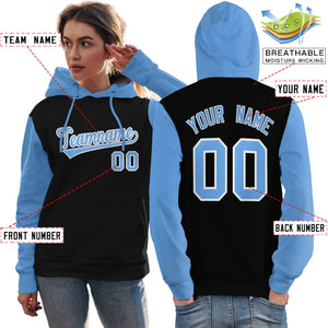 Custom Black Light Blue-White Raglan Sleeves Pullover Personalized Team Sweatshirt Hoodie