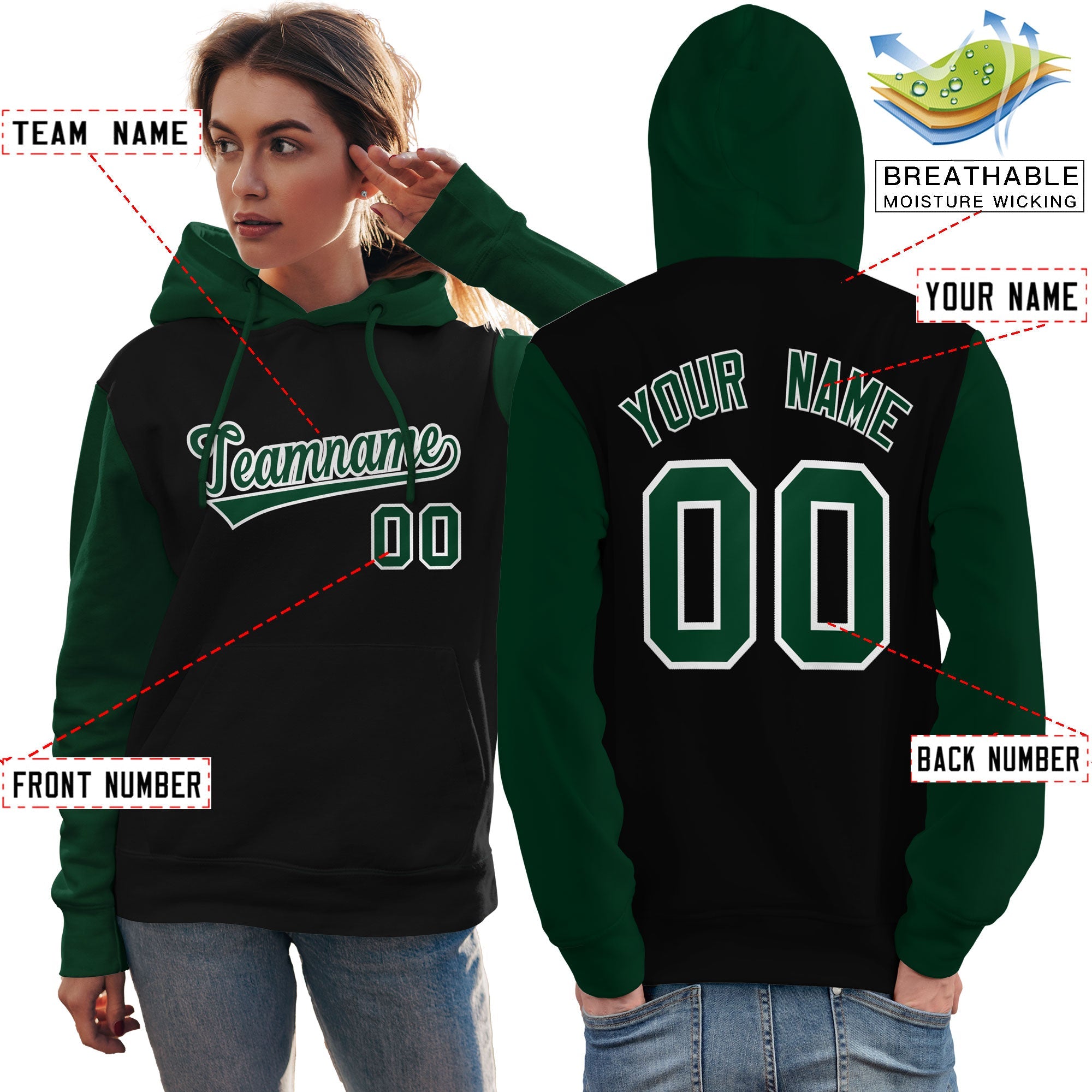 Custom Black Green-White Raglan Sleeves Pullover Personalized Team Sweatshirt Hoodie