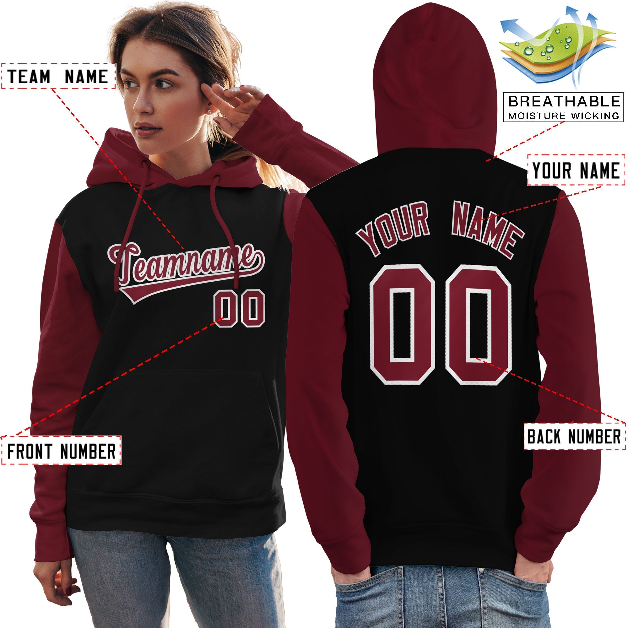 Custom Black Crimson-White Raglan Sleeves Pullover Personalized Team Sweatshirt Hoodie