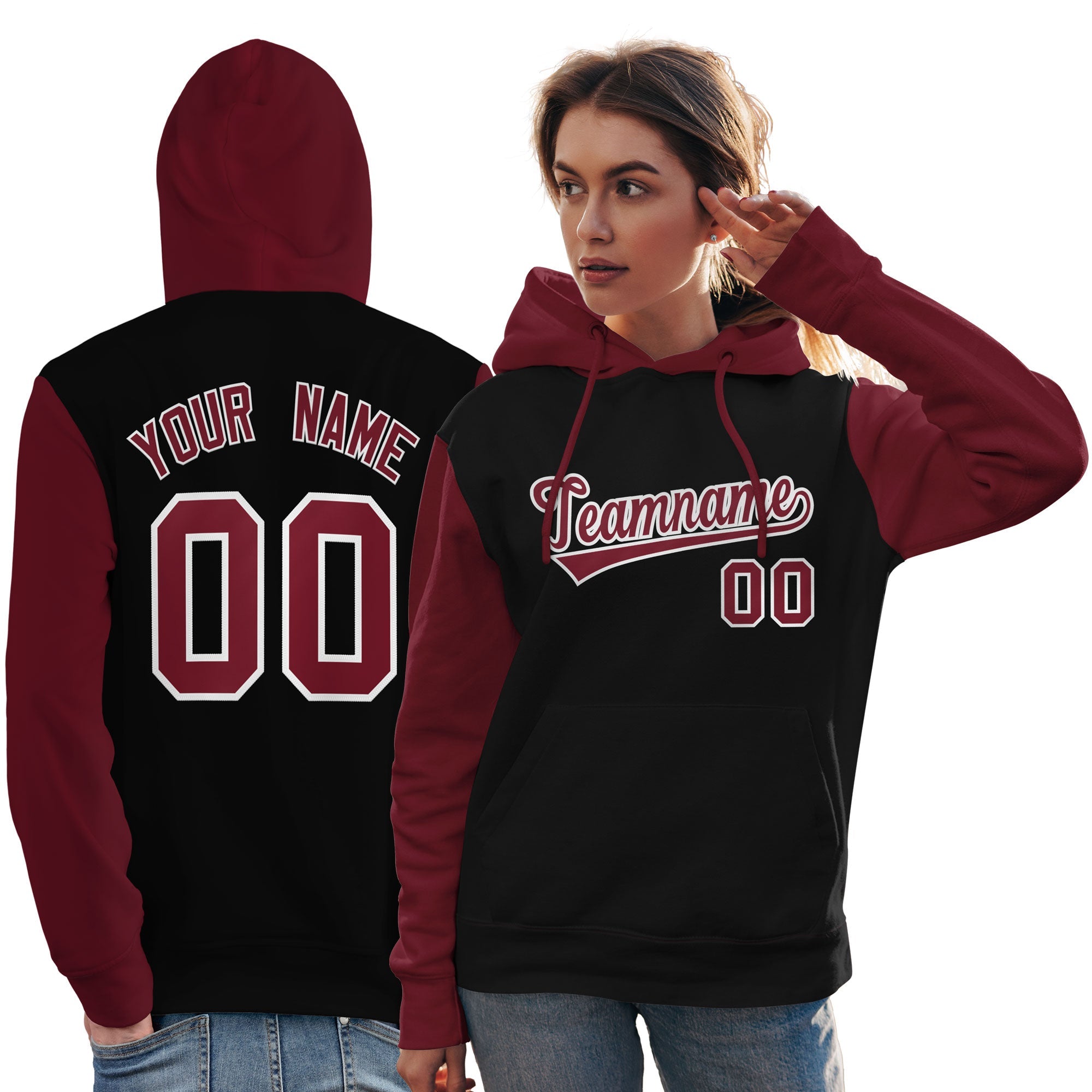 Custom Black Crimson-White Raglan Sleeves Pullover Personalized Team Sweatshirt Hoodie