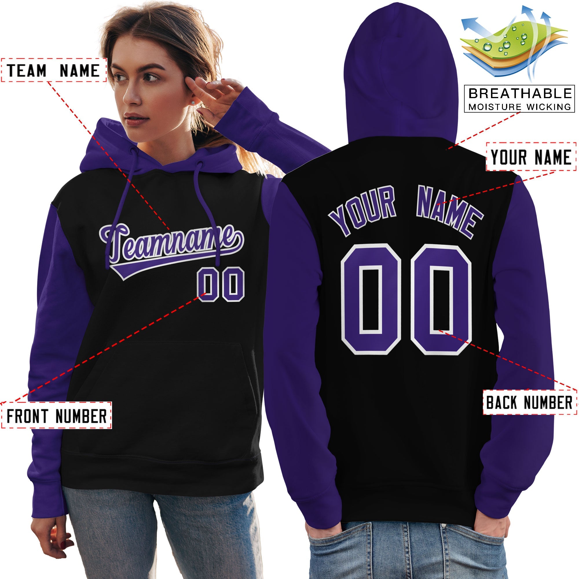 Custom Black Purple-White Raglan Sleeves Pullover Personalized Team Sweatshirt Hoodie