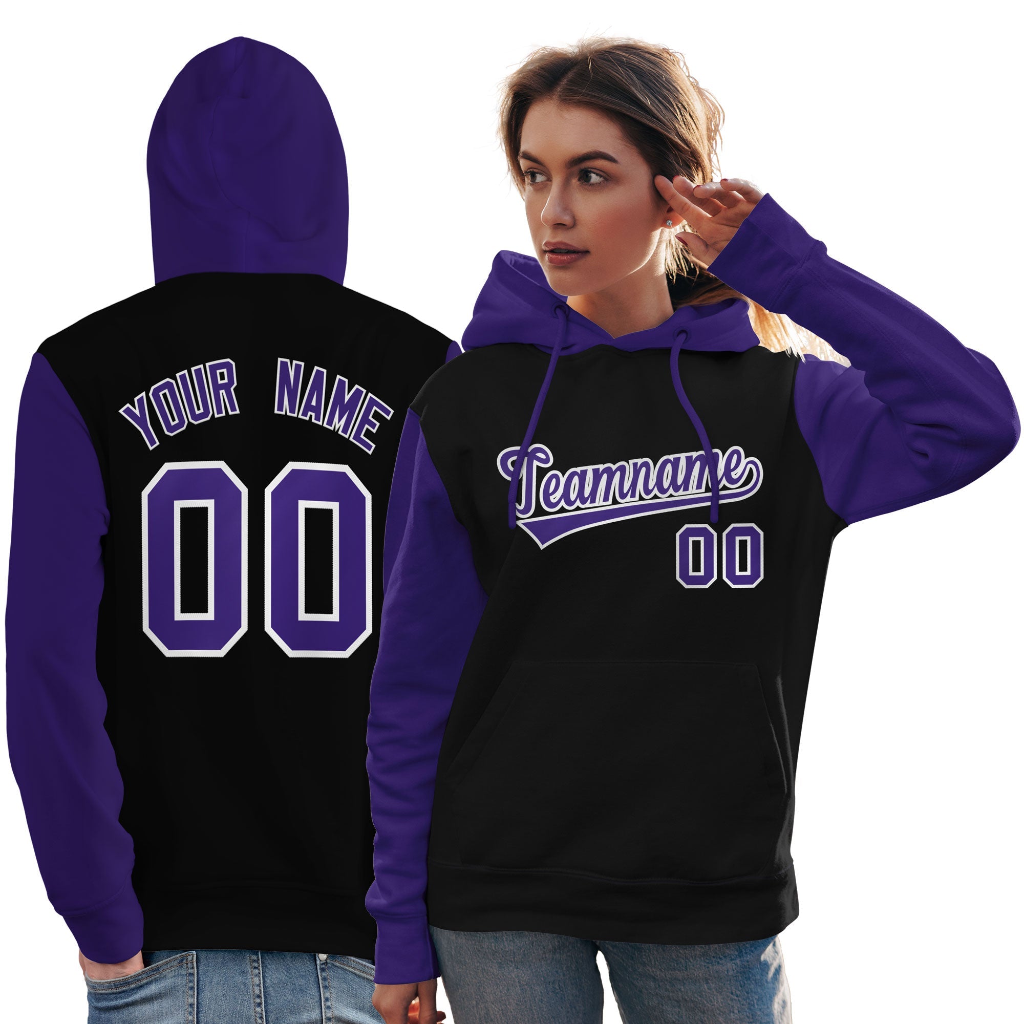 Custom Black Purple-White Raglan Sleeves Pullover Personalized Team Sweatshirt Hoodie