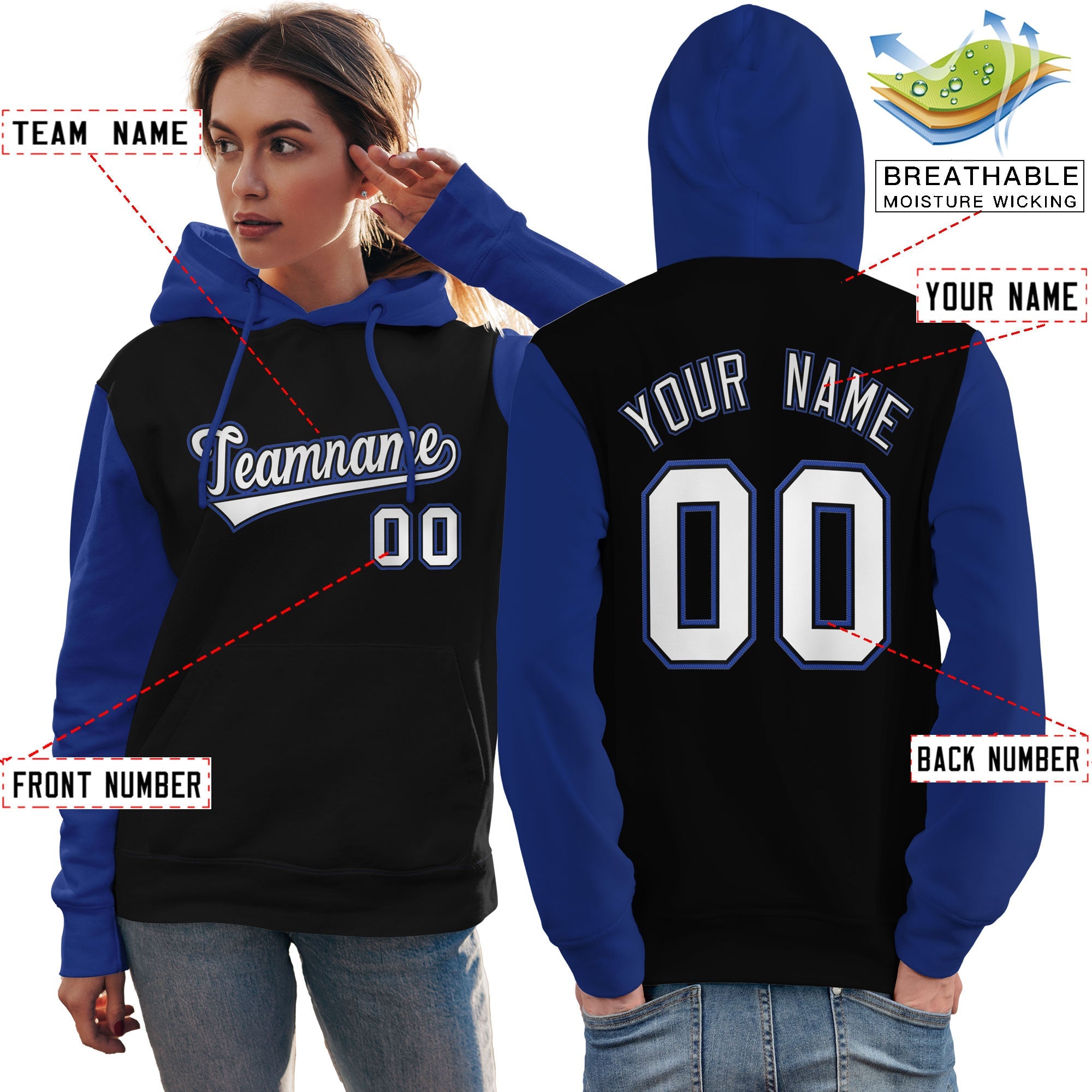 Custom Black White-Royal Raglan Sleeves Pullover Personalized Team Sweatshirt Hoodie