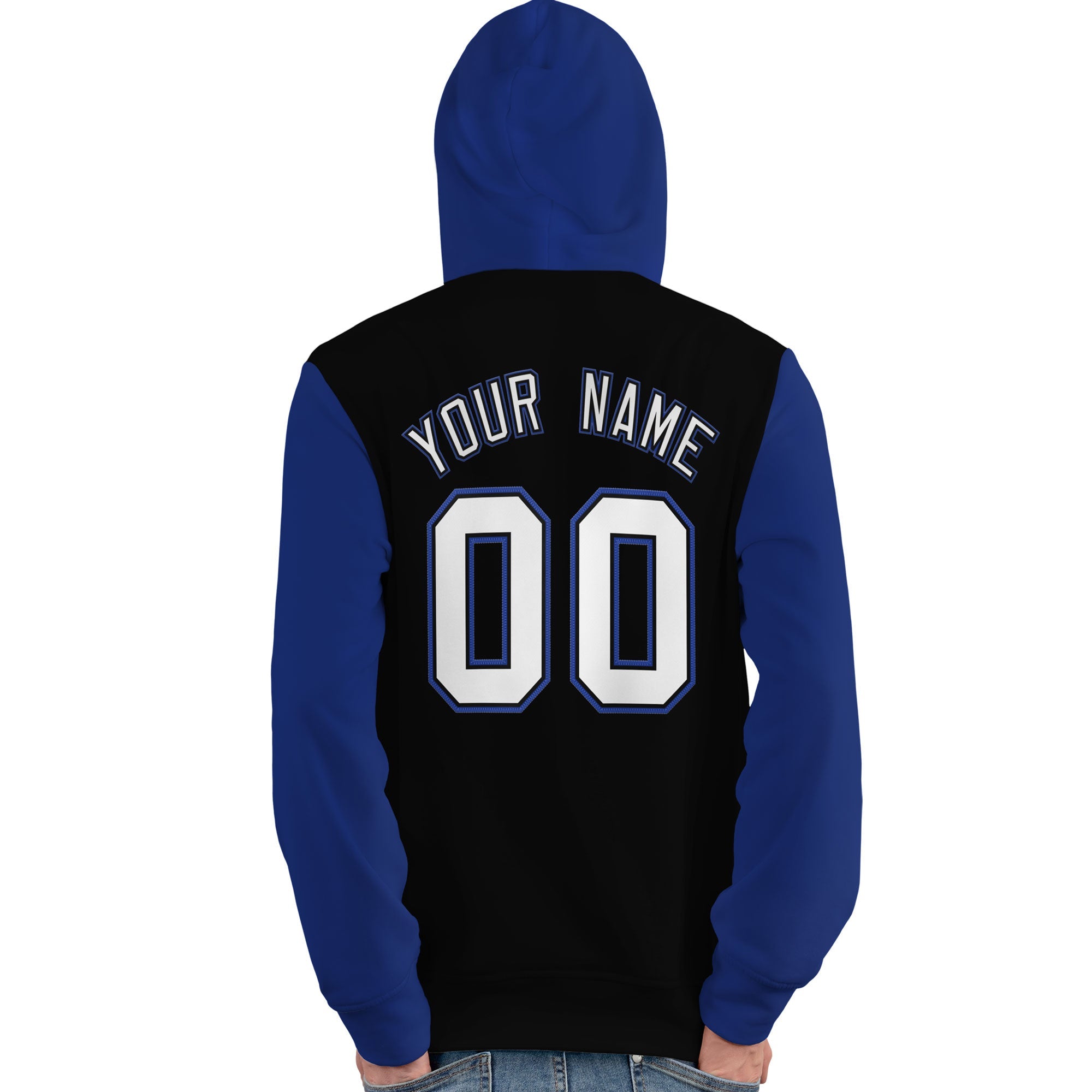 Custom Black White-Royal Raglan Sleeves Pullover Personalized Team Sweatshirt Hoodie