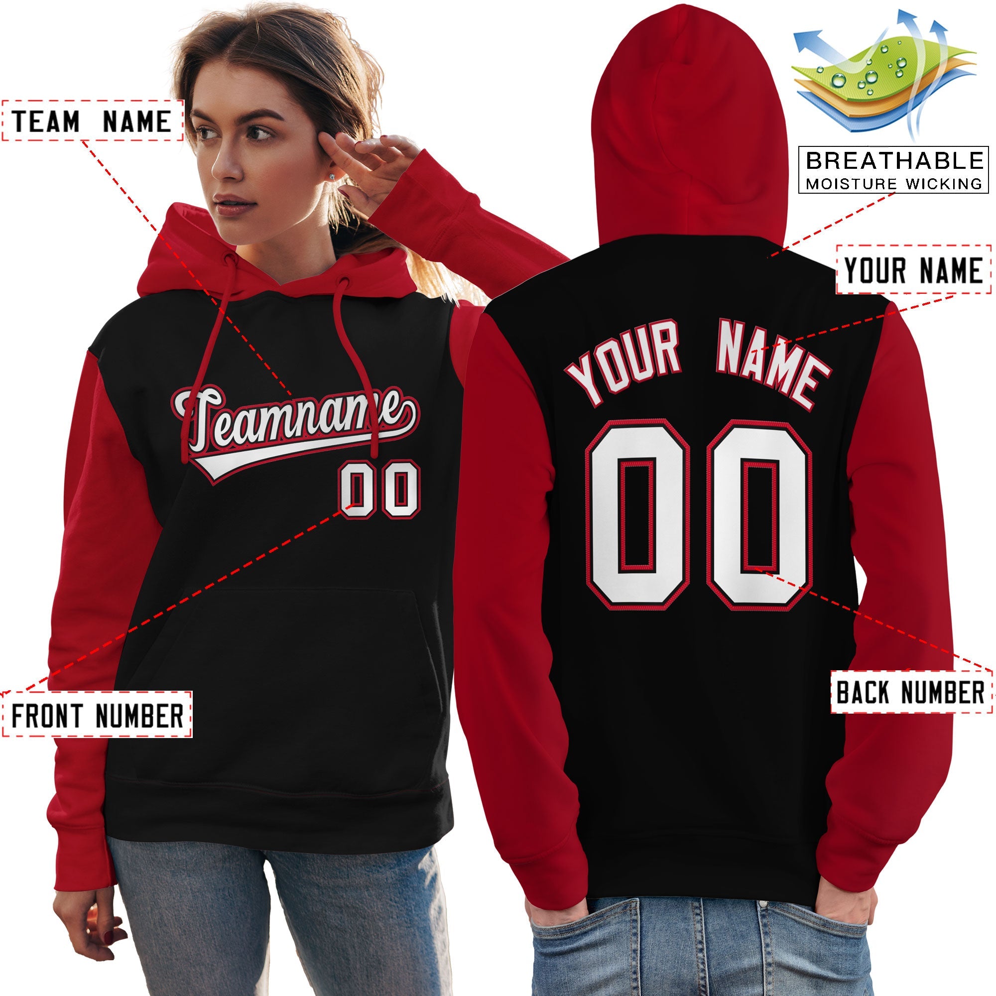 Custom Black White-Red Raglan Sleeves Pullover Personalized Team Sweatshirt Hoodie