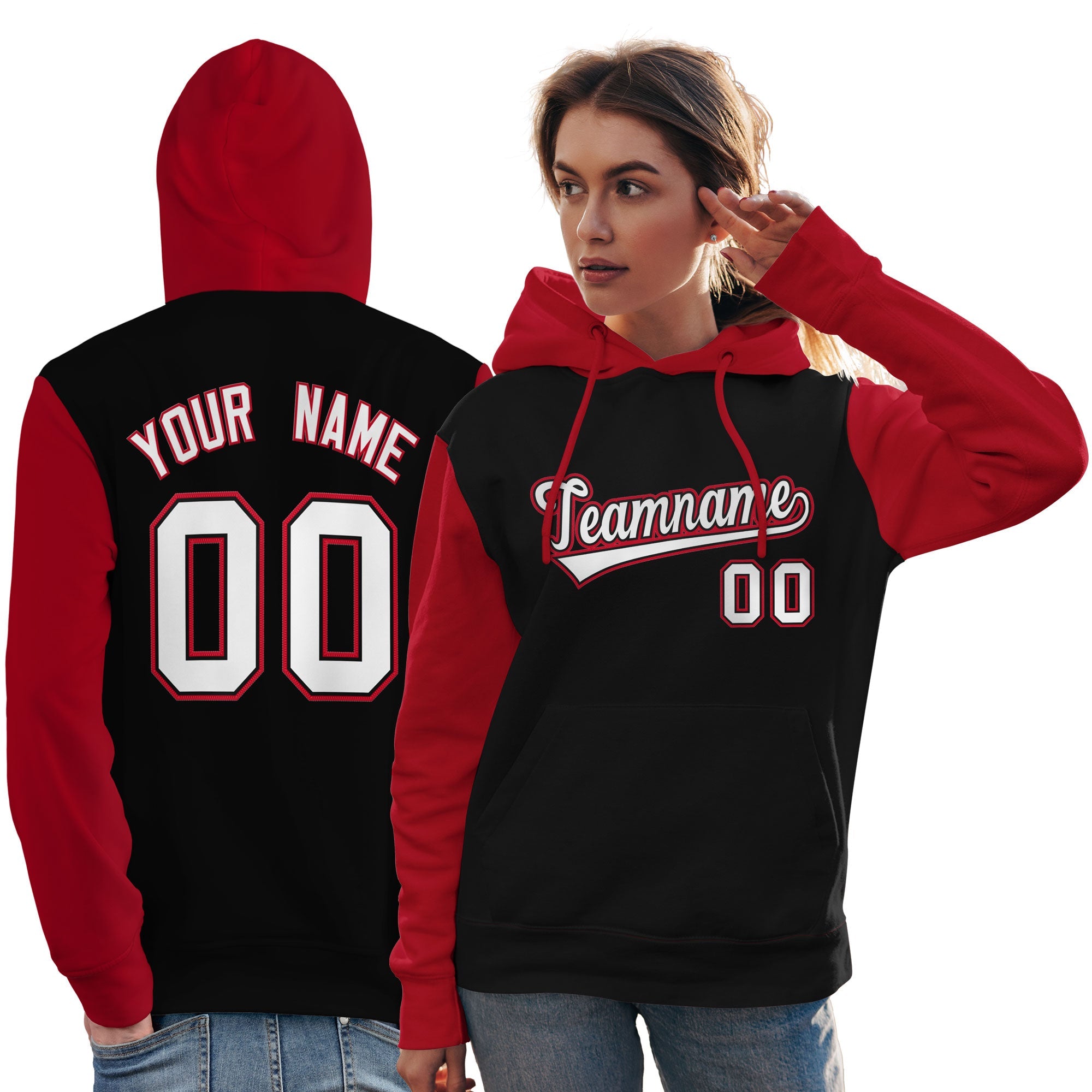 Custom Black White-Red Raglan Sleeves Pullover Personalized Team Sweatshirt Hoodie