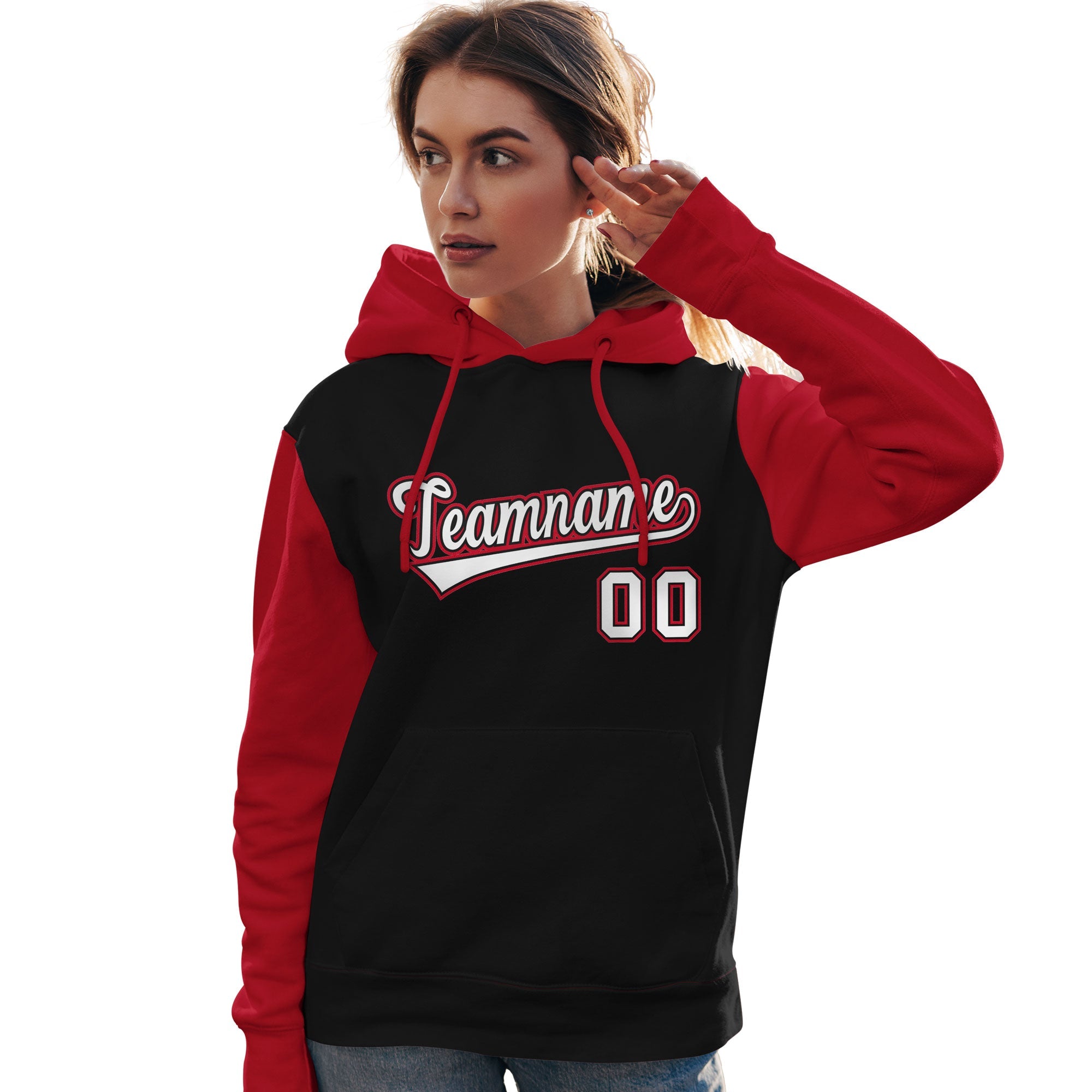 Custom Black White-Red Raglan Sleeves Pullover Personalized Team Sweatshirt Hoodie