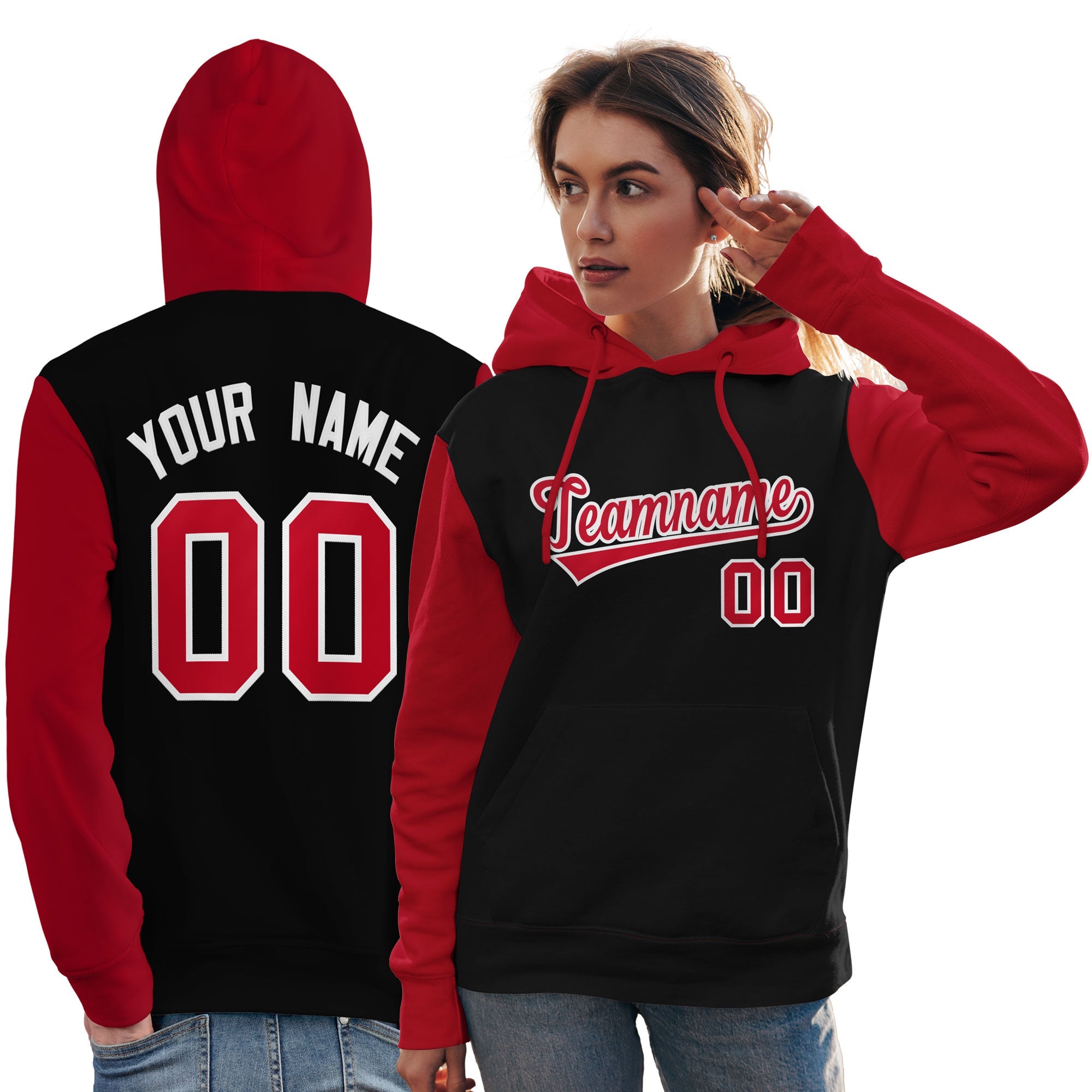 Custom Black Red-White Raglan Sleeves Pullover Personalized Team Sweatshirt Hoodie