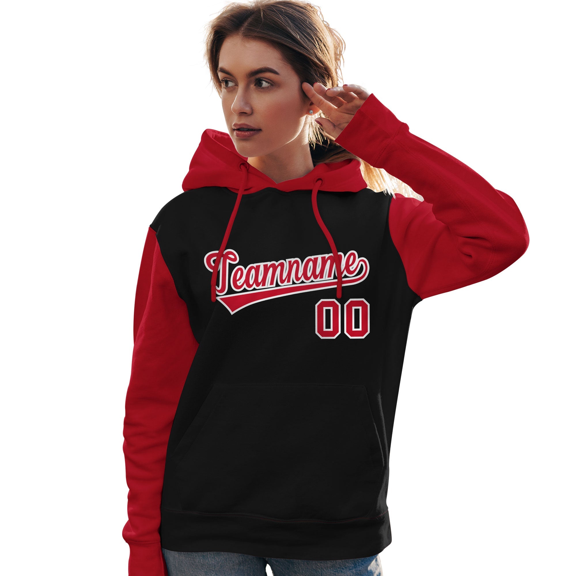 Custom Black Red-White Raglan Sleeves Pullover Personalized Team Sweatshirt Hoodie