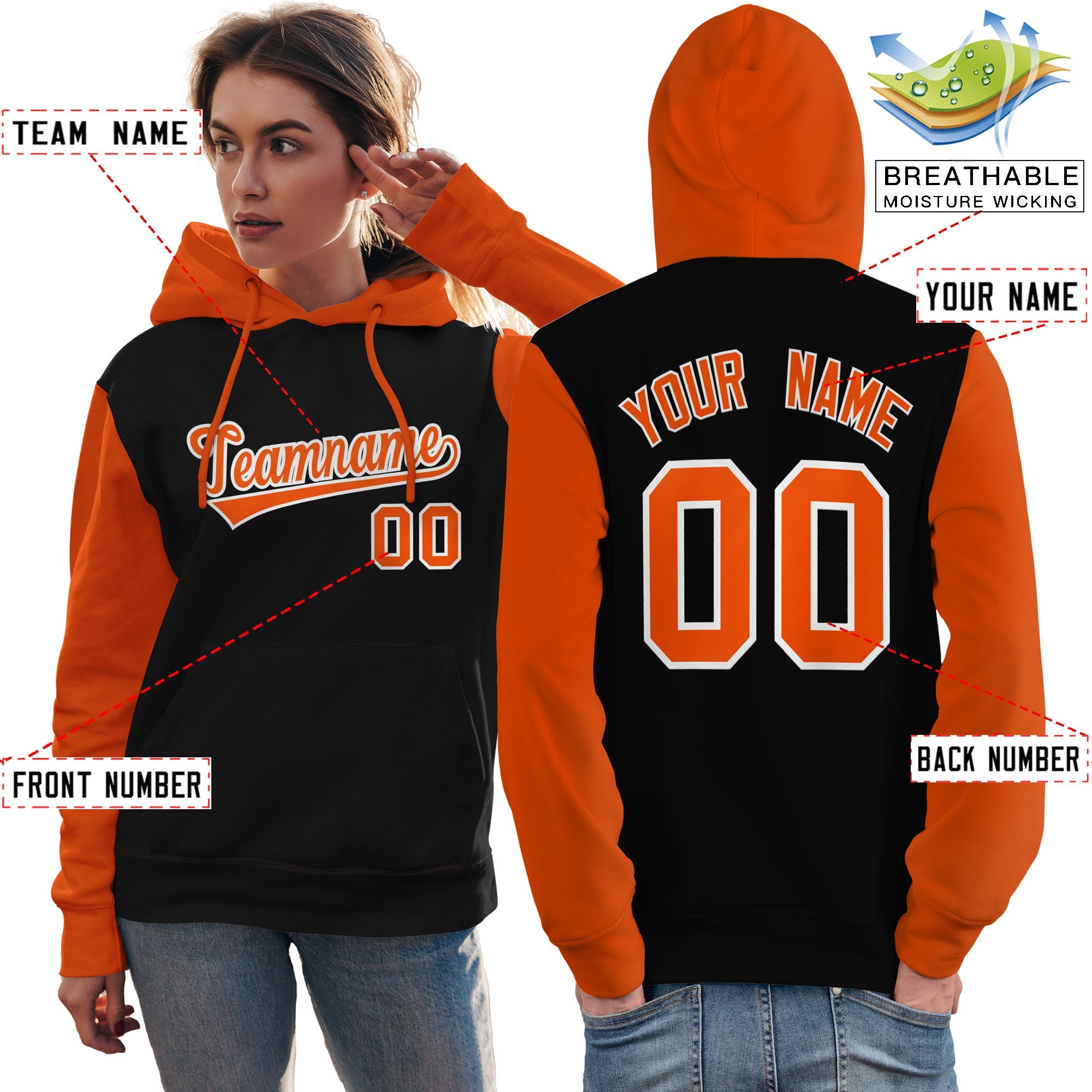 Custom Black Orange-White Raglan Sleeves Pullover Personalized Team Sweatshirt Hoodie