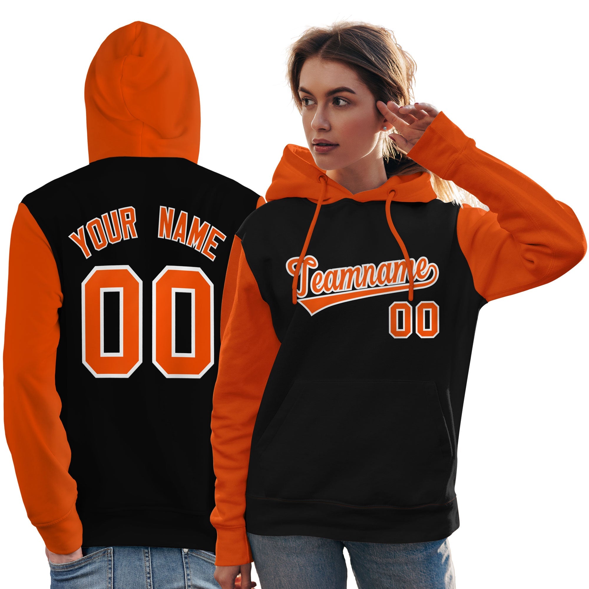 Custom Black Orange-White Raglan Sleeves Pullover Personalized Team Sweatshirt Hoodie