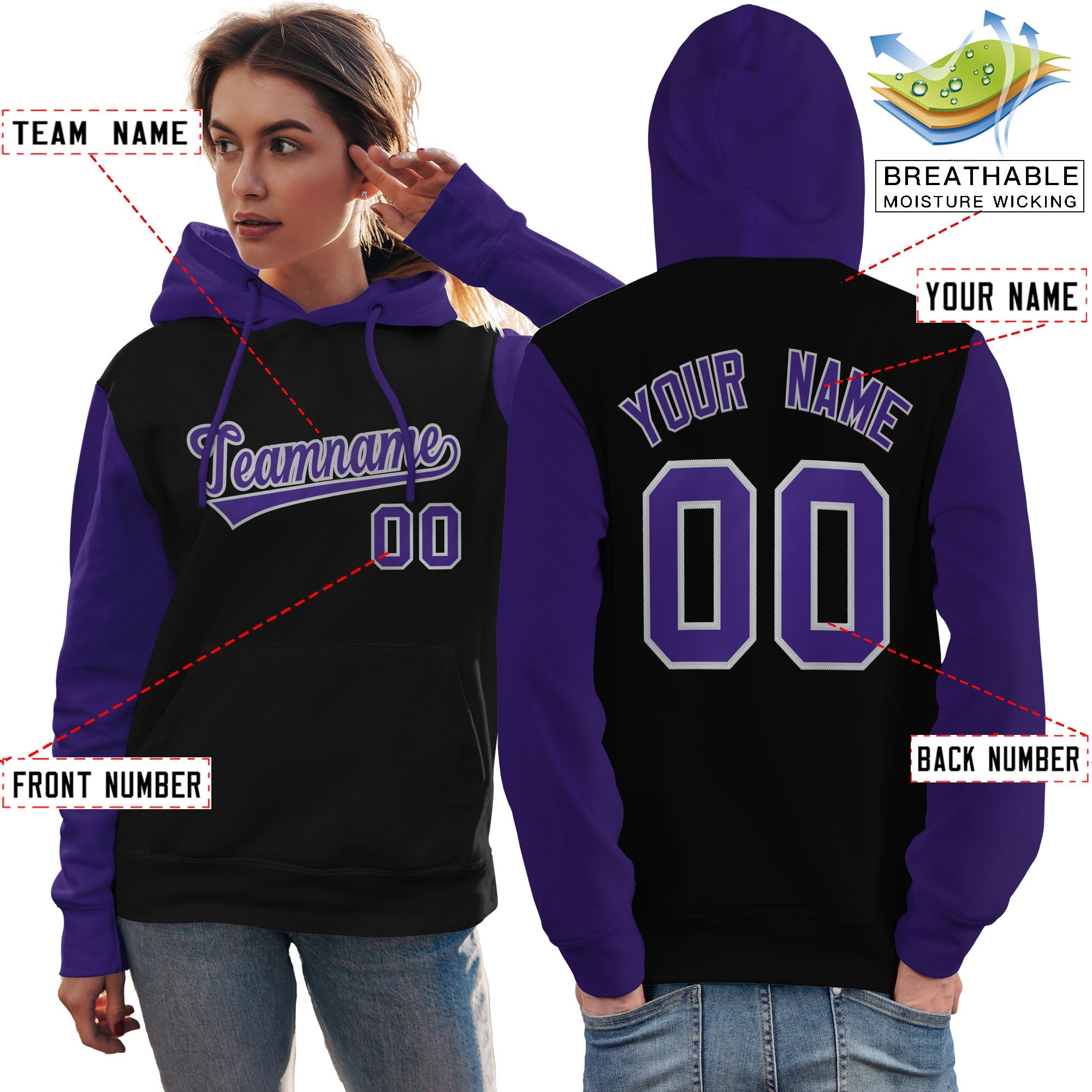 Custom Black Purple-Gray Raglan Sleeves Pullover Personalized Team Sweatshirt Hoodie