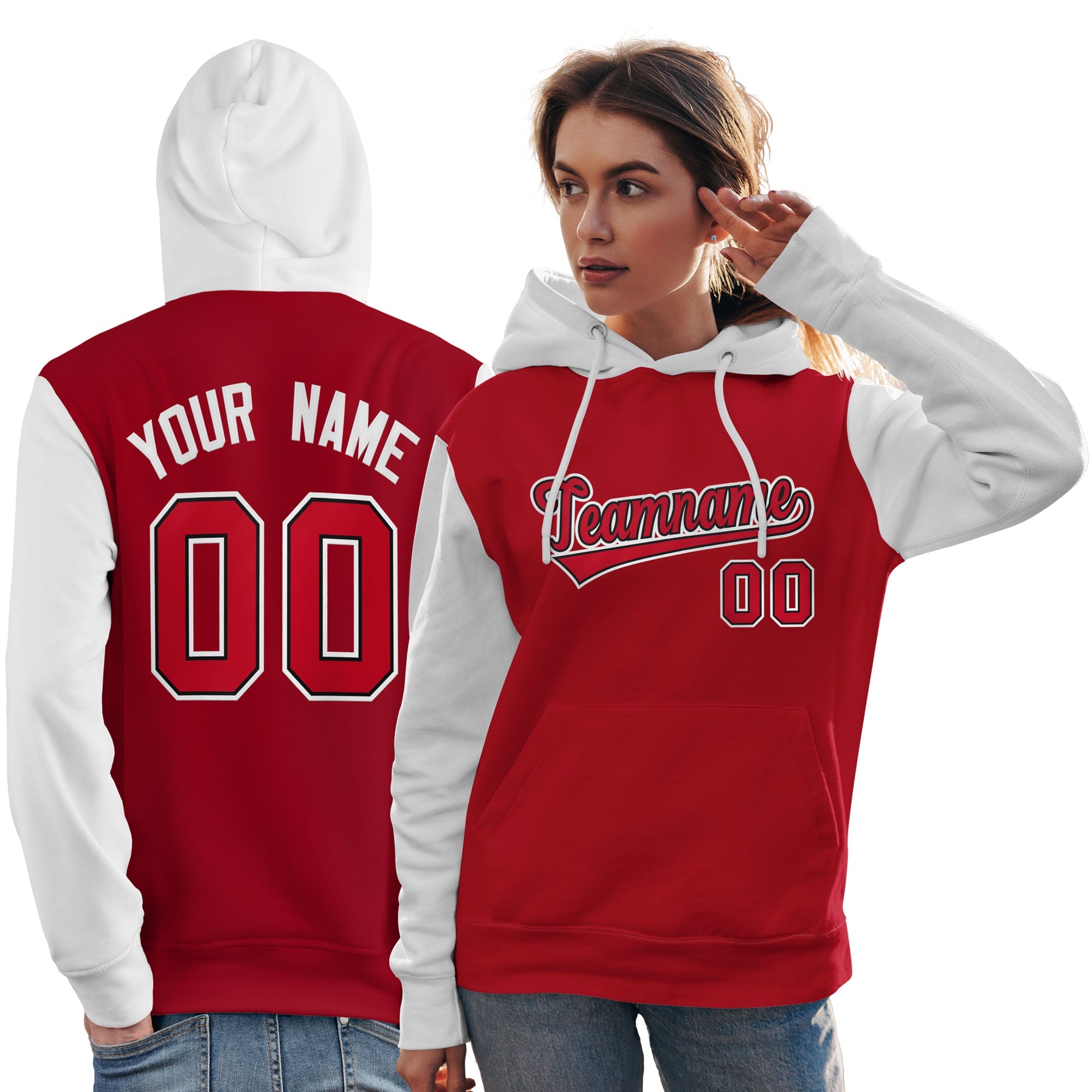 Custom Red Black-White Raglan Sleeves Pullover Personalized Team Sweatshirt Hoodie