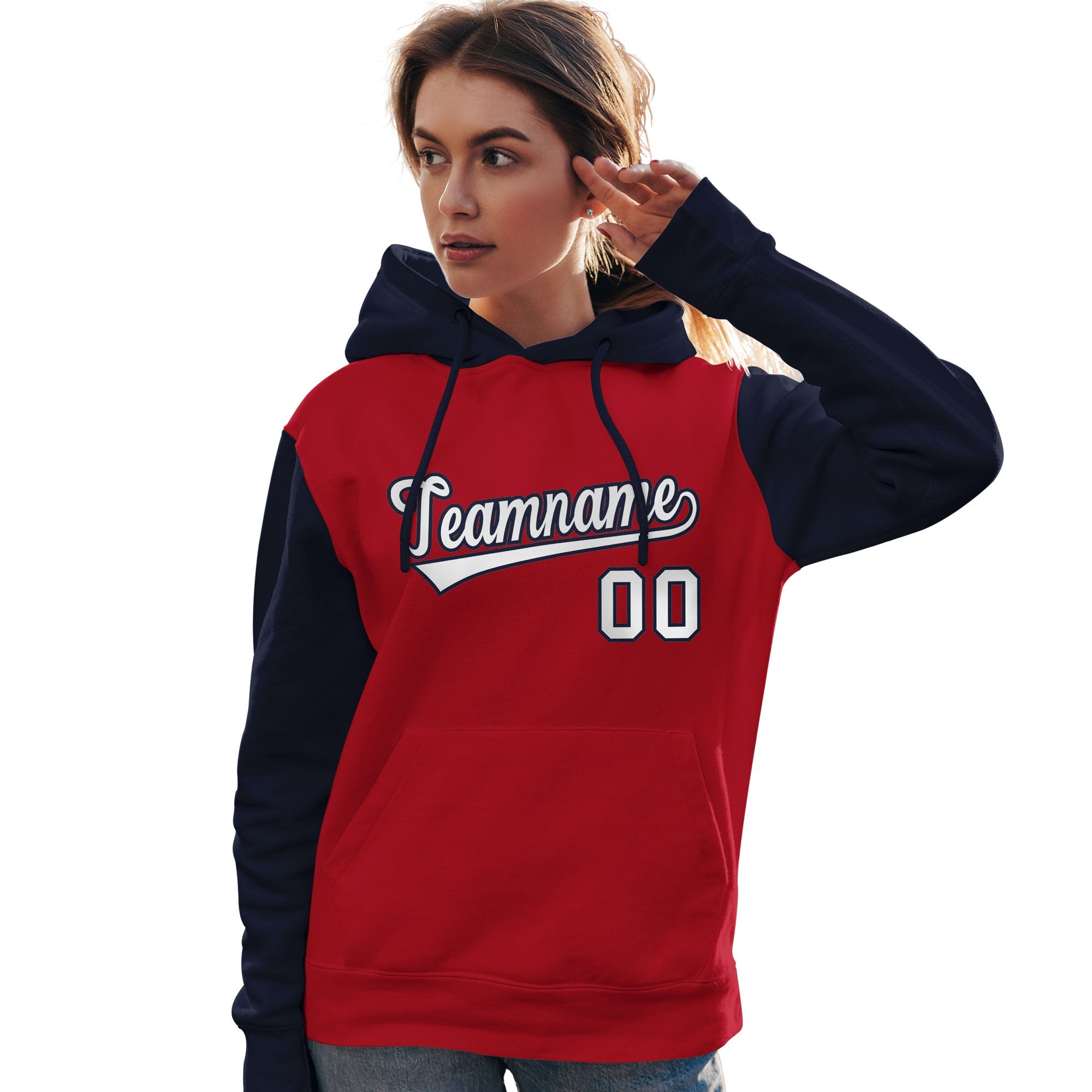 Custom Red White-Navy Raglan Sleeves Pullover Personalized Team Sweatshirt Hoodie