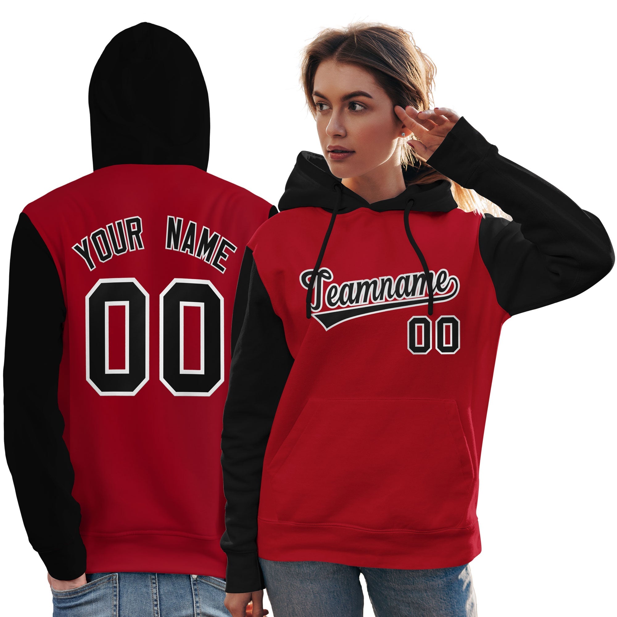 Custom Red Black-White Raglan Sleeves Pullover Personalized Team Sweatshirt Hoodie