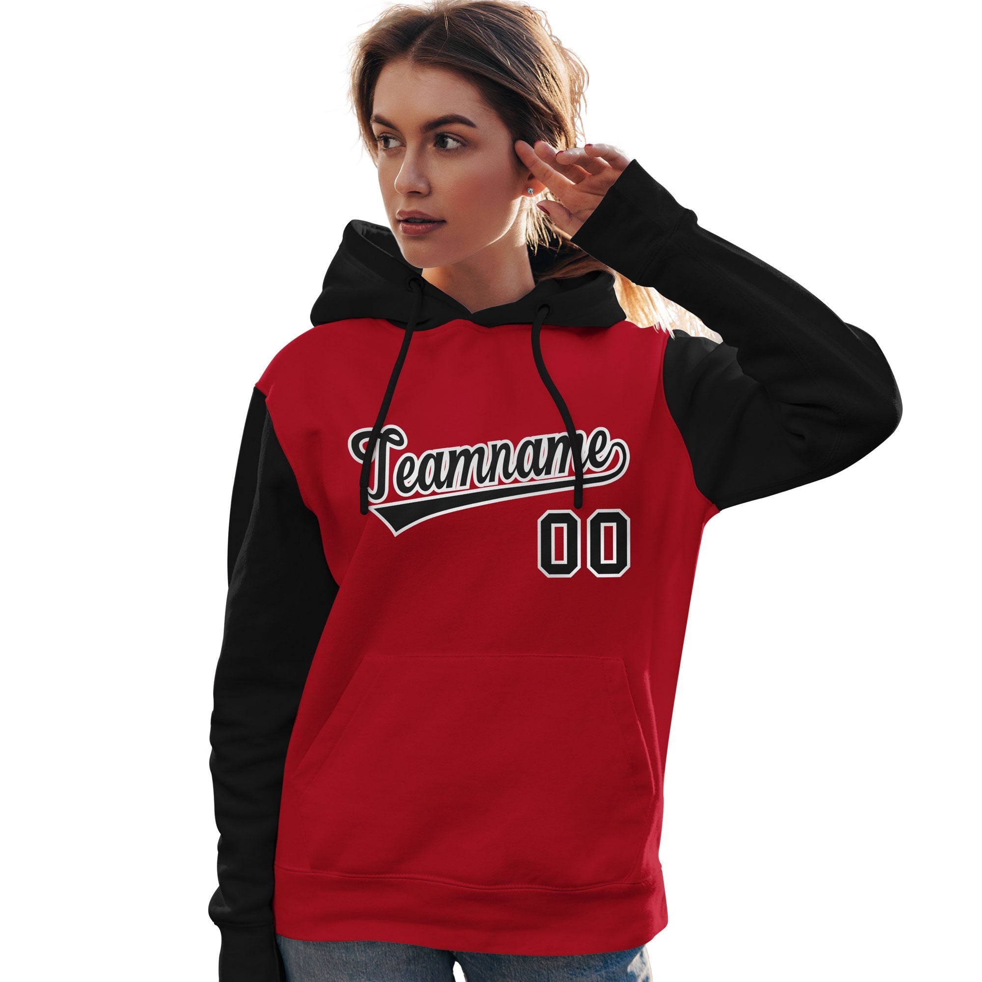 Custom Red Black-White Raglan Sleeves Pullover Personalized Team Sweatshirt Hoodie