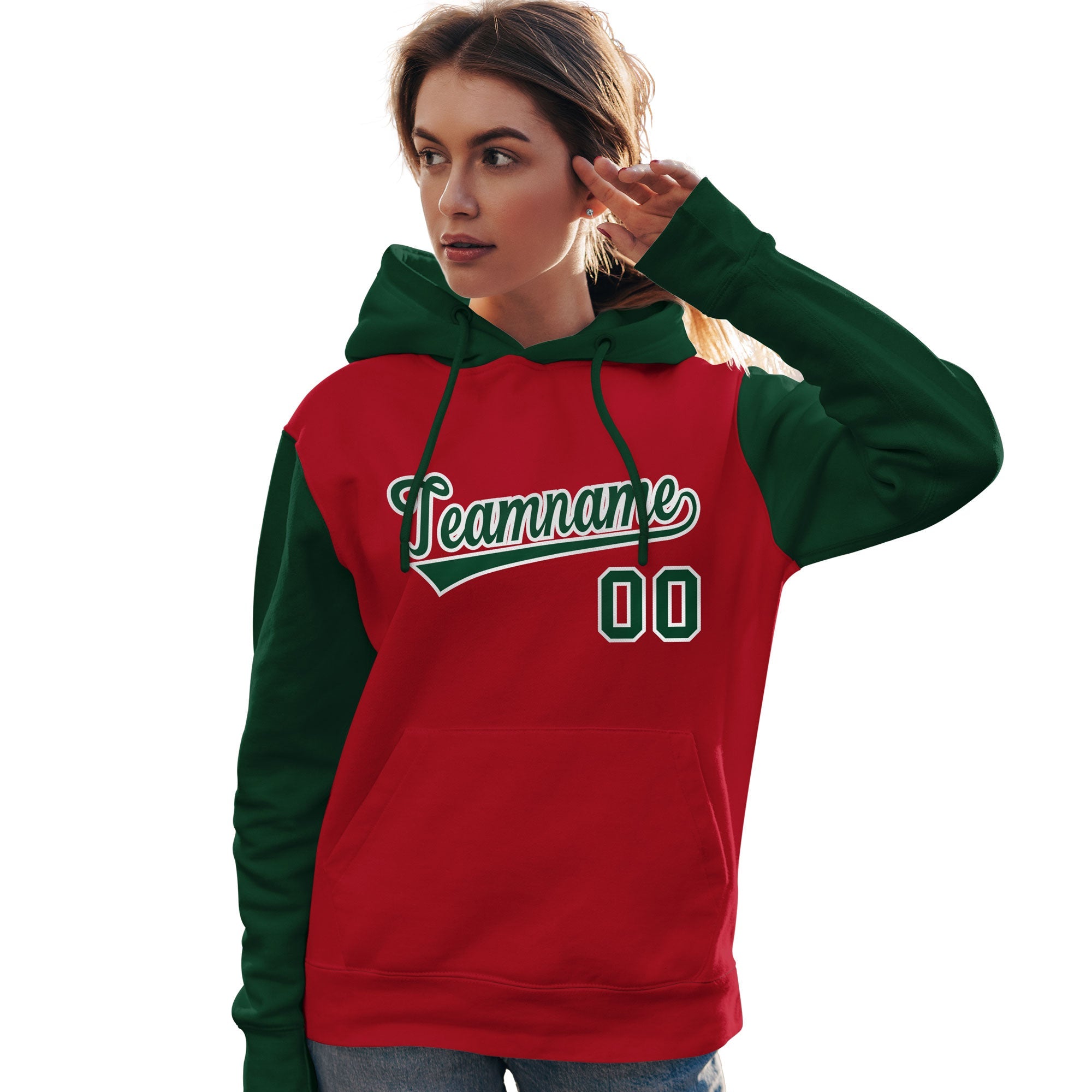 Custom Red Green-White Raglan Sleeves Pullover Personalized Team Sweatshirt Hoodie