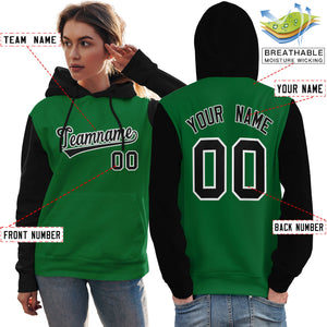 Custom Kelly Green Black-White Raglan Sleeves Pullover Personalized Team Sweatshirt Hoodie