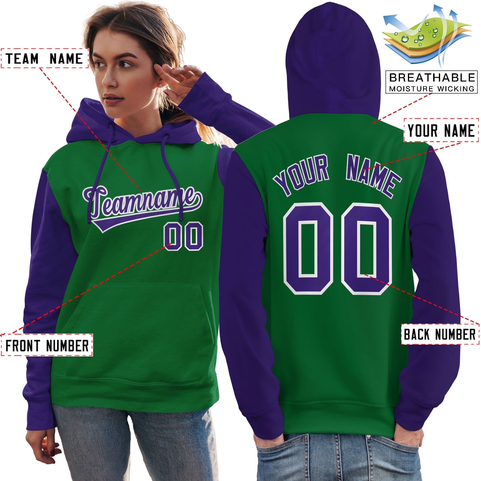 Custom Kelly Green Purple-White Raglan Sleeves Pullover Personalized Team Sweatshirt Hoodie