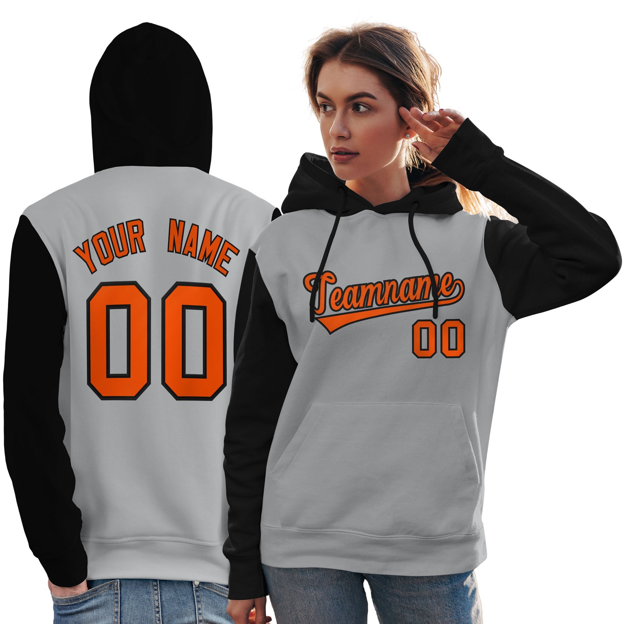 Custom Gray Orange-Black Raglan Sleeves Pullover Personalized Team Sweatshirt Hoodie