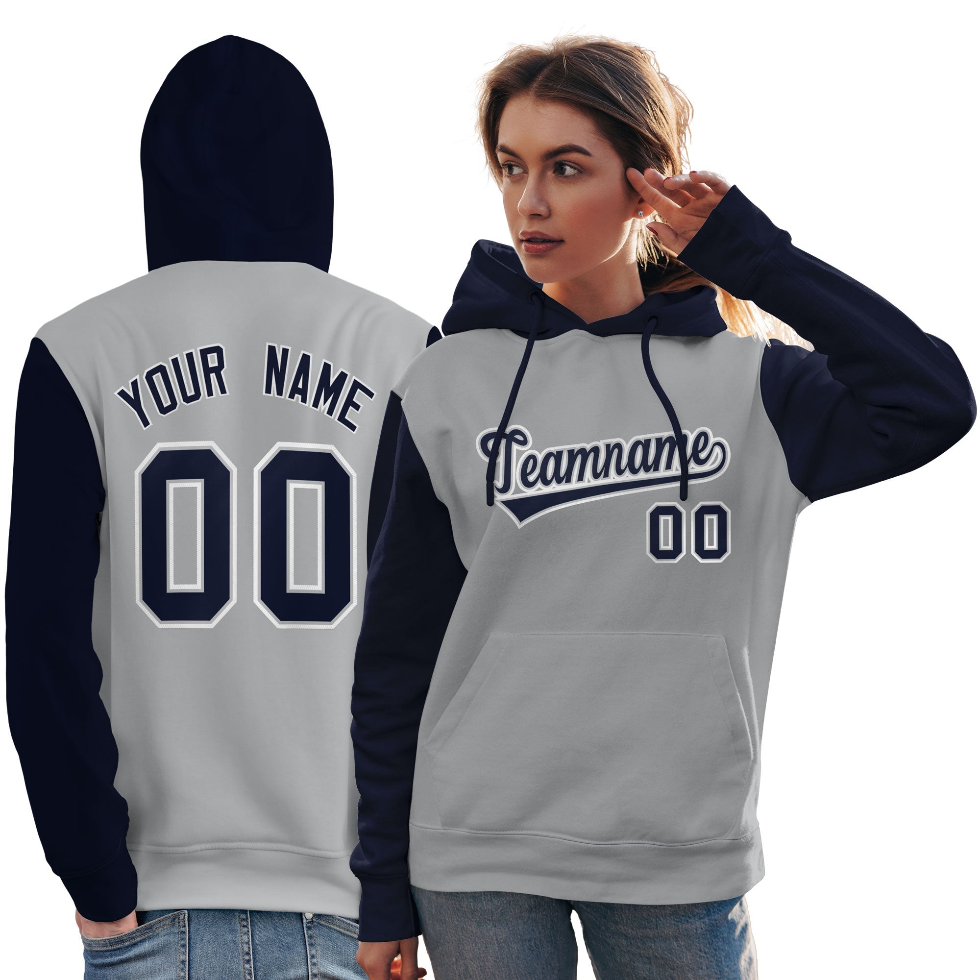 Custom Gray Navy-White Raglan Sleeves Pullover Personalized Team Sweatshirt Hoodie