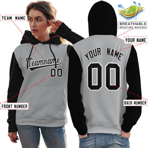 Custom Gray Black-White Raglan Sleeves Pullover Personalized Team Sweatshirt Hoodie