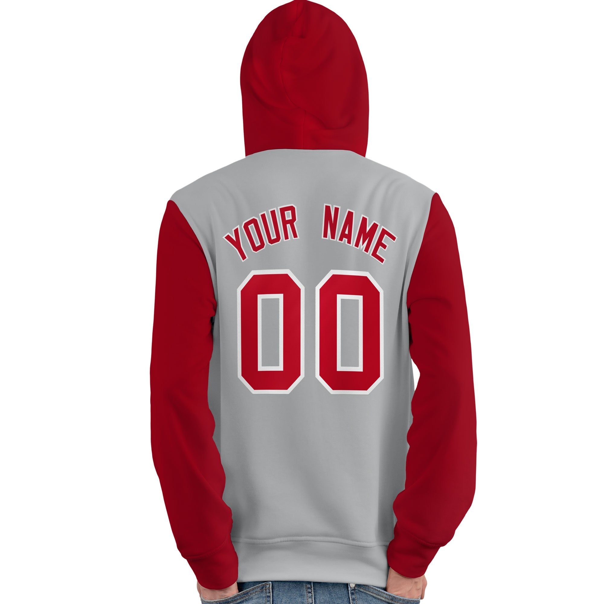 Custom Gray Red-White Raglan Sleeves Pullover Personalized Team Sweatshirt Hoodie