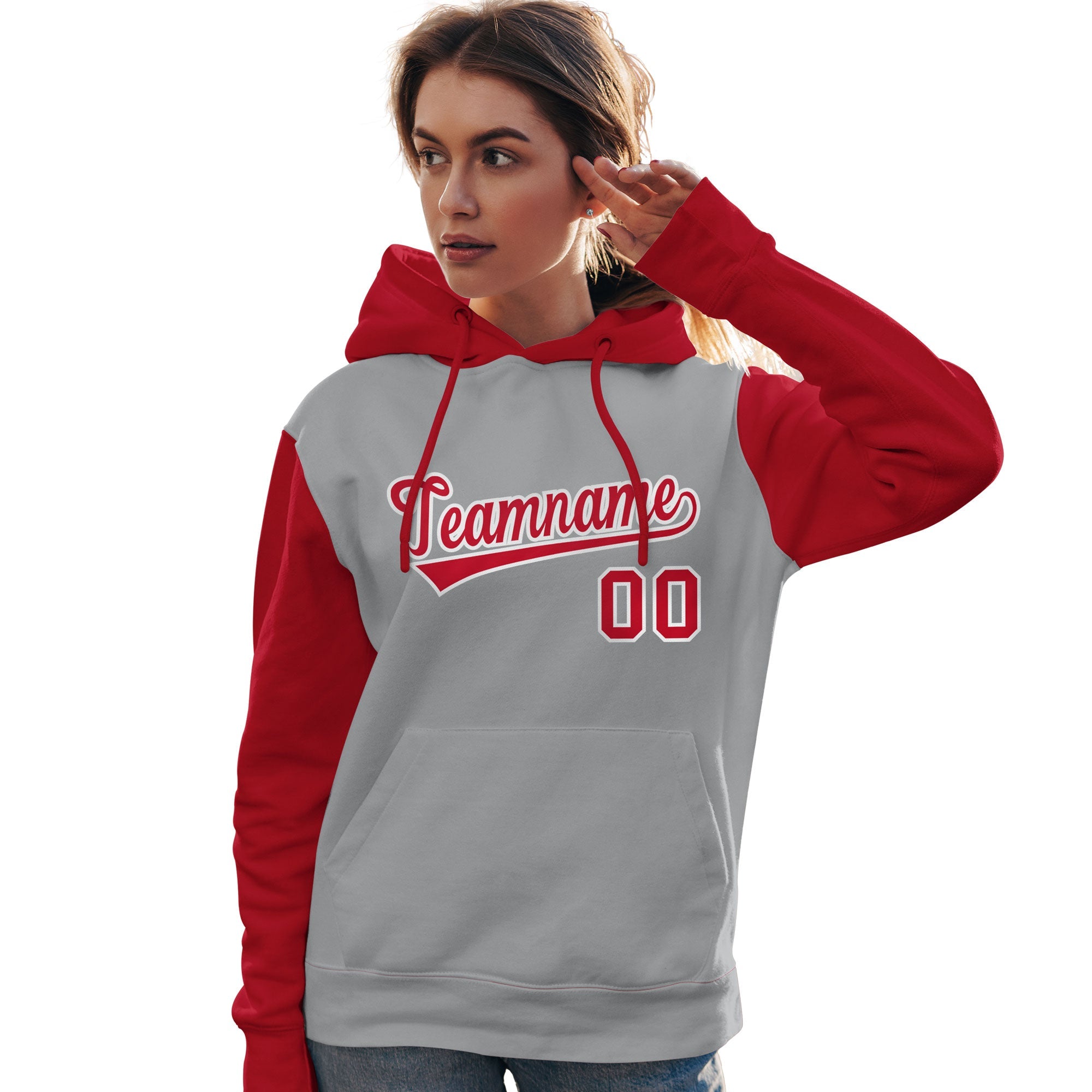 Custom Gray Red-White Raglan Sleeves Pullover Personalized Team Sweatshirt Hoodie