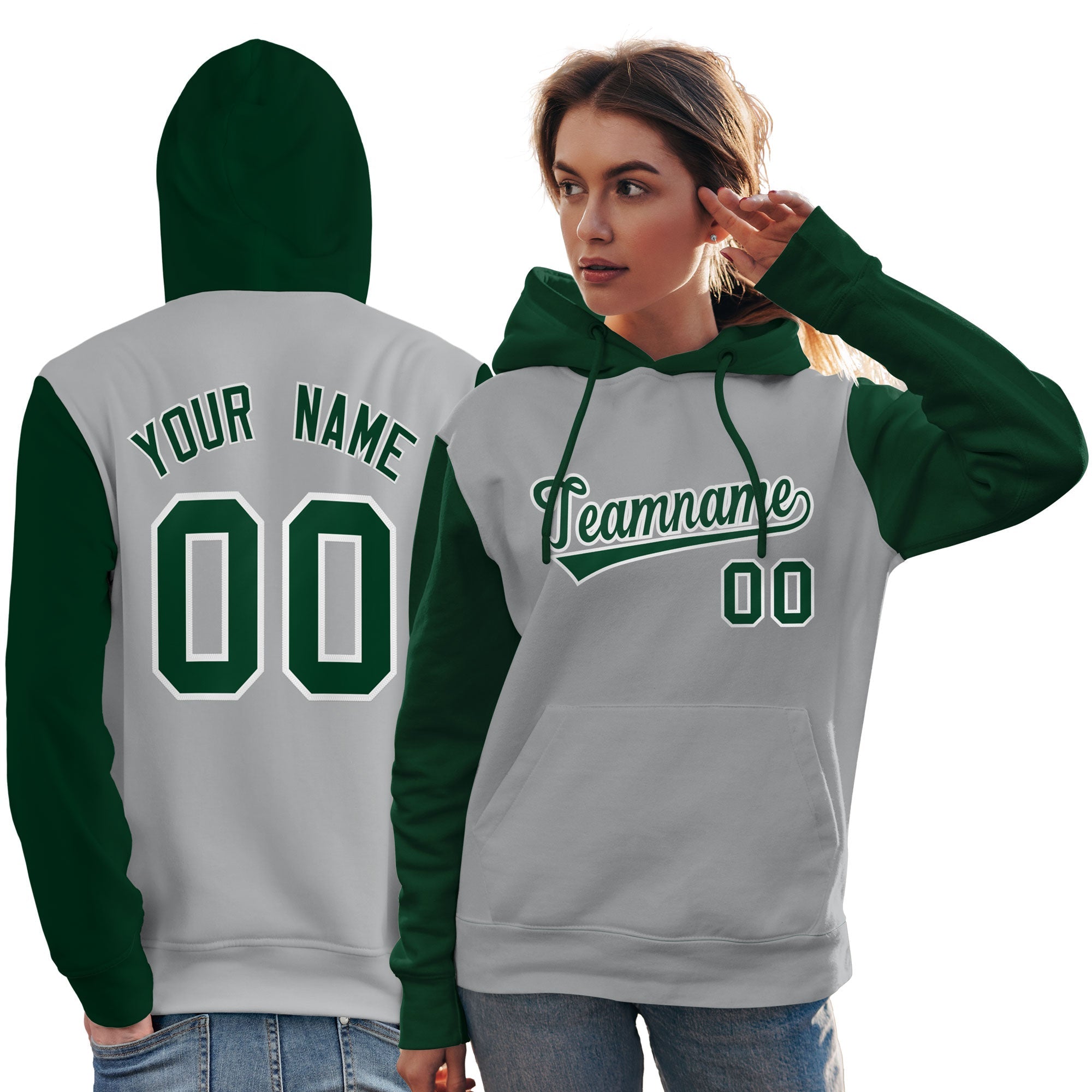 Custom Gray Green-White Raglan Sleeves Pullover Personalized Team Sweatshirt Hoodie