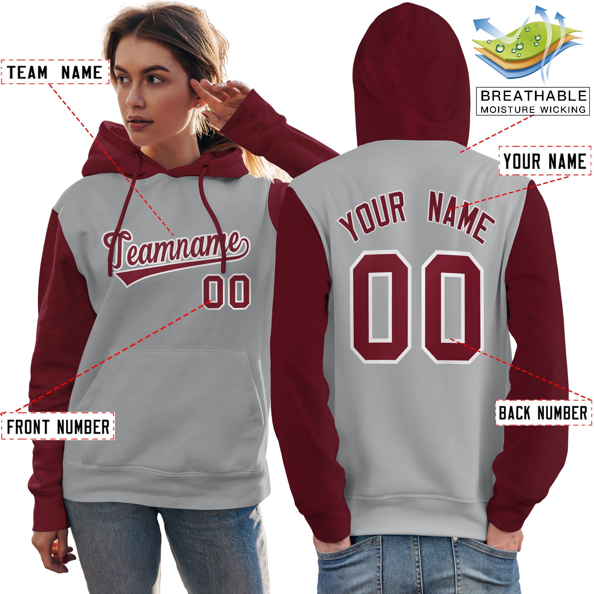 Custom Gray Crimson-White Raglan Sleeves Pullover Personalized Team Sweatshirt Hoodie