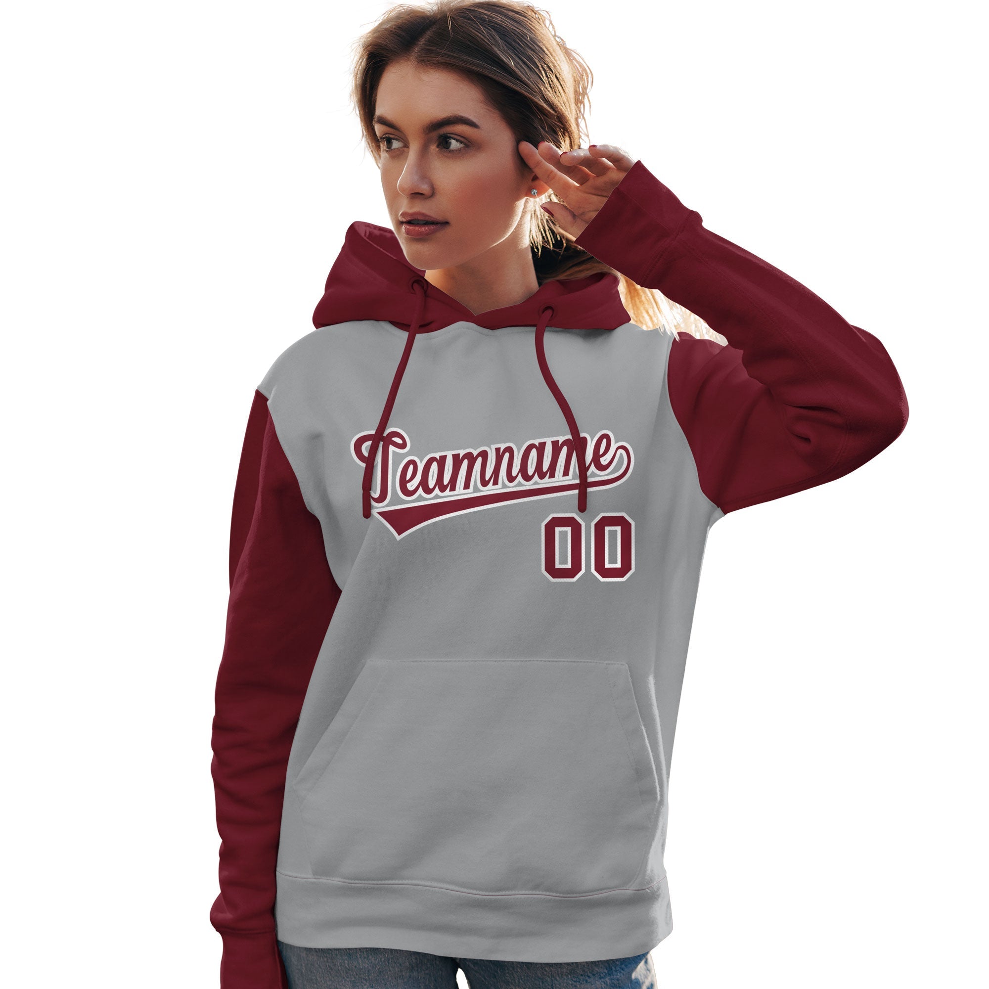 Custom Gray Crimson-White Raglan Sleeves Pullover Personalized Team Sweatshirt Hoodie