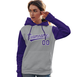 Custom Gray Purple-White Raglan Sleeves Pullover Personalized Team Sweatshirt Hoodie