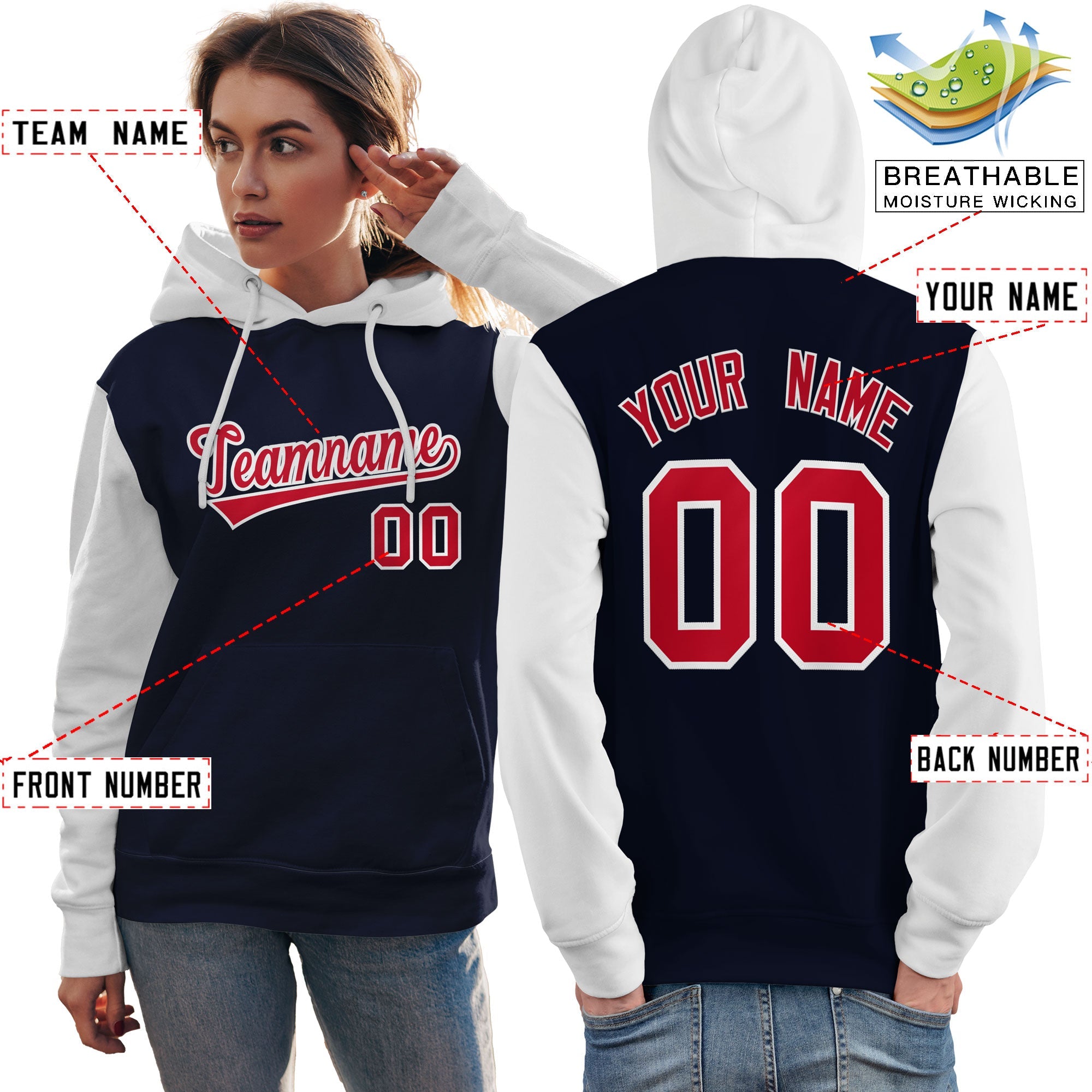 Custom Navy Red-White Raglan Sleeves Pullover Personalized Team Sweatshirt Hoodie