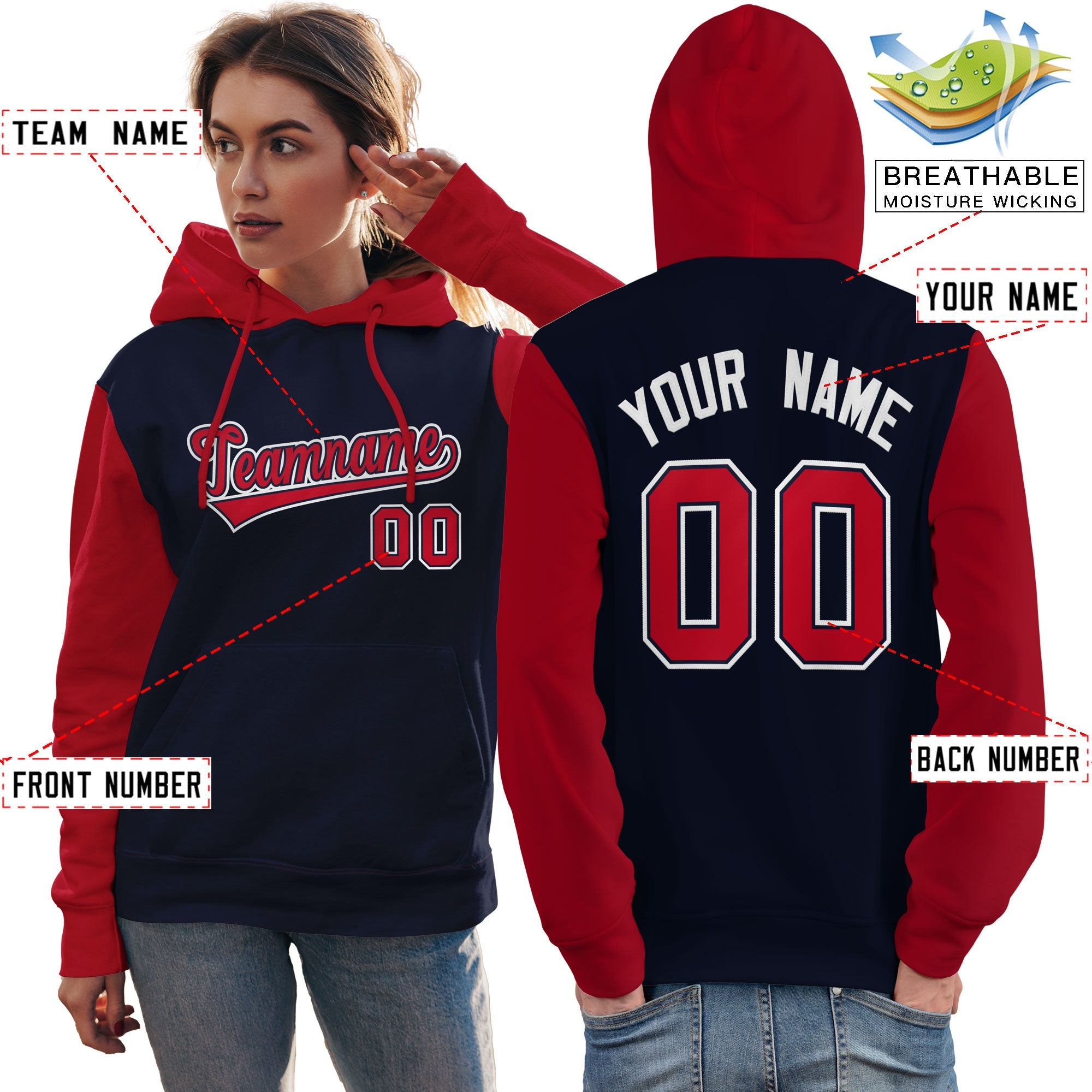 Custom Navy Red-White Raglan Sleeves Pullover Personalized Team Sweatshirt Hoodie