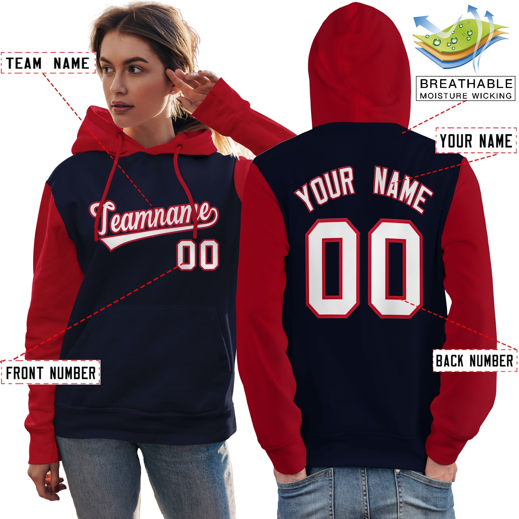 Custom Navy White-Red Raglan Sleeves Pullover Personalized Team Sweatshirt Hoodie