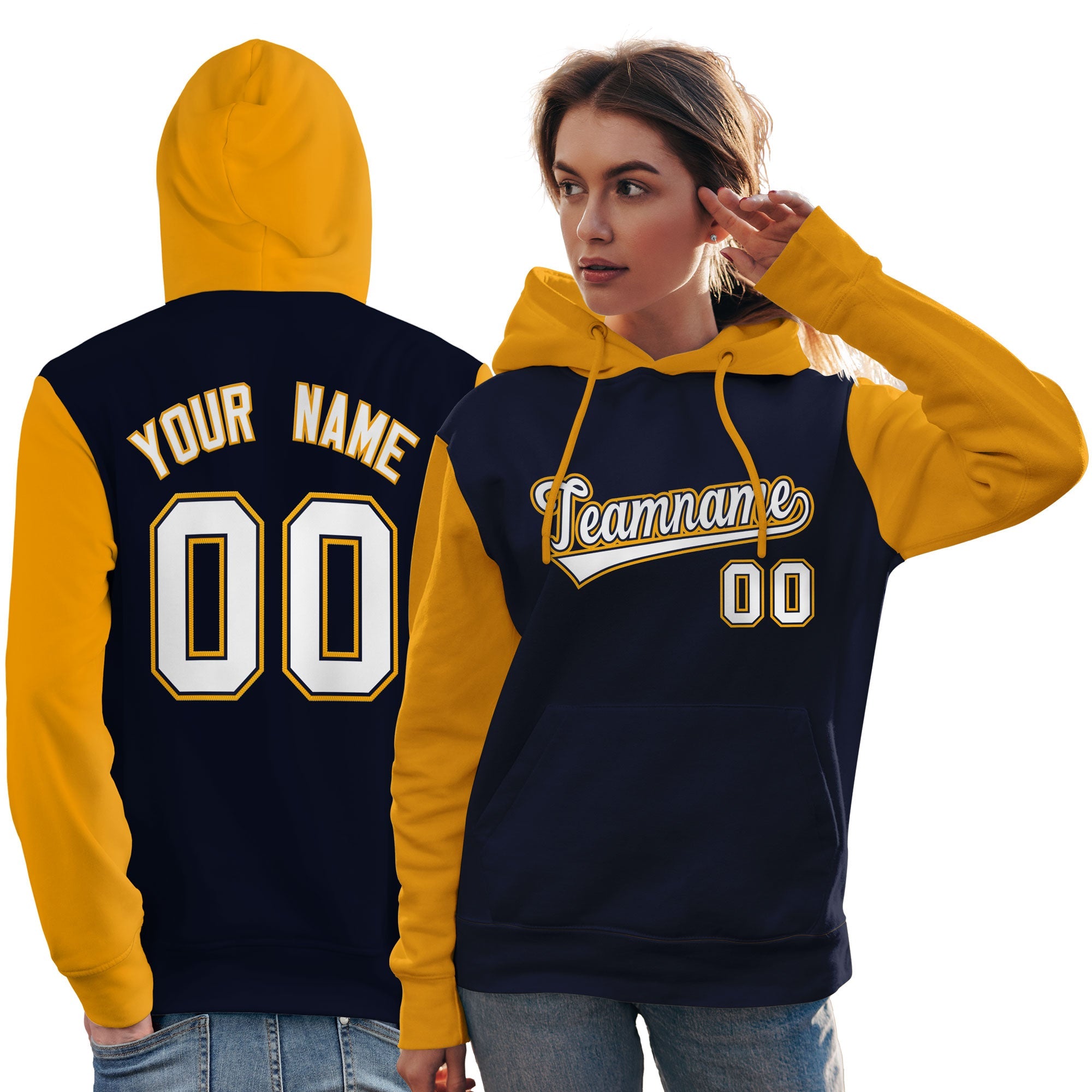 Custom Navy White-Gold Raglan Sleeves Pullover Personalized Team Sweatshirt Hoodie