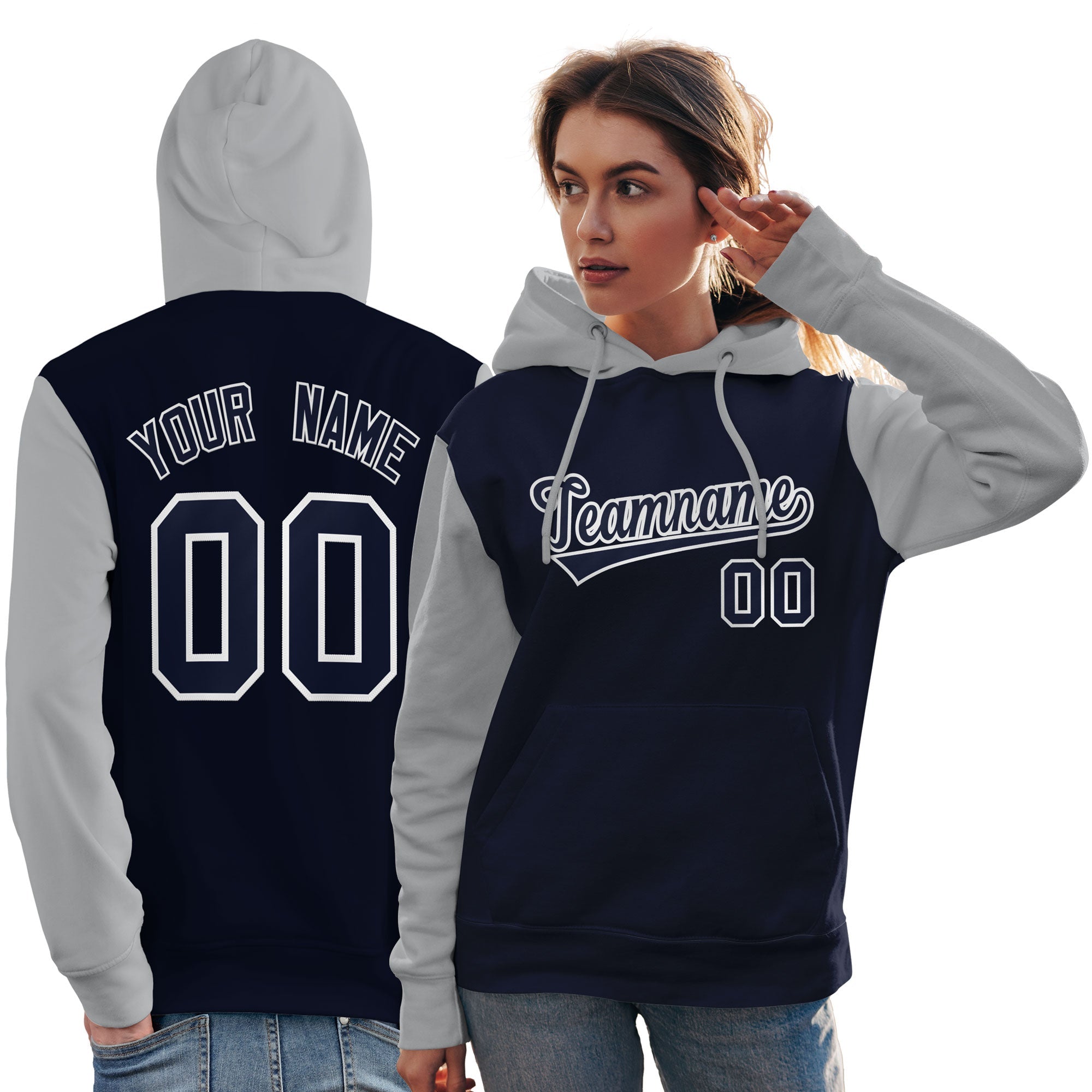 Custom Navy White-Gray Raglan Sleeves Pullover Personalized Team Sweatshirt Hoodie