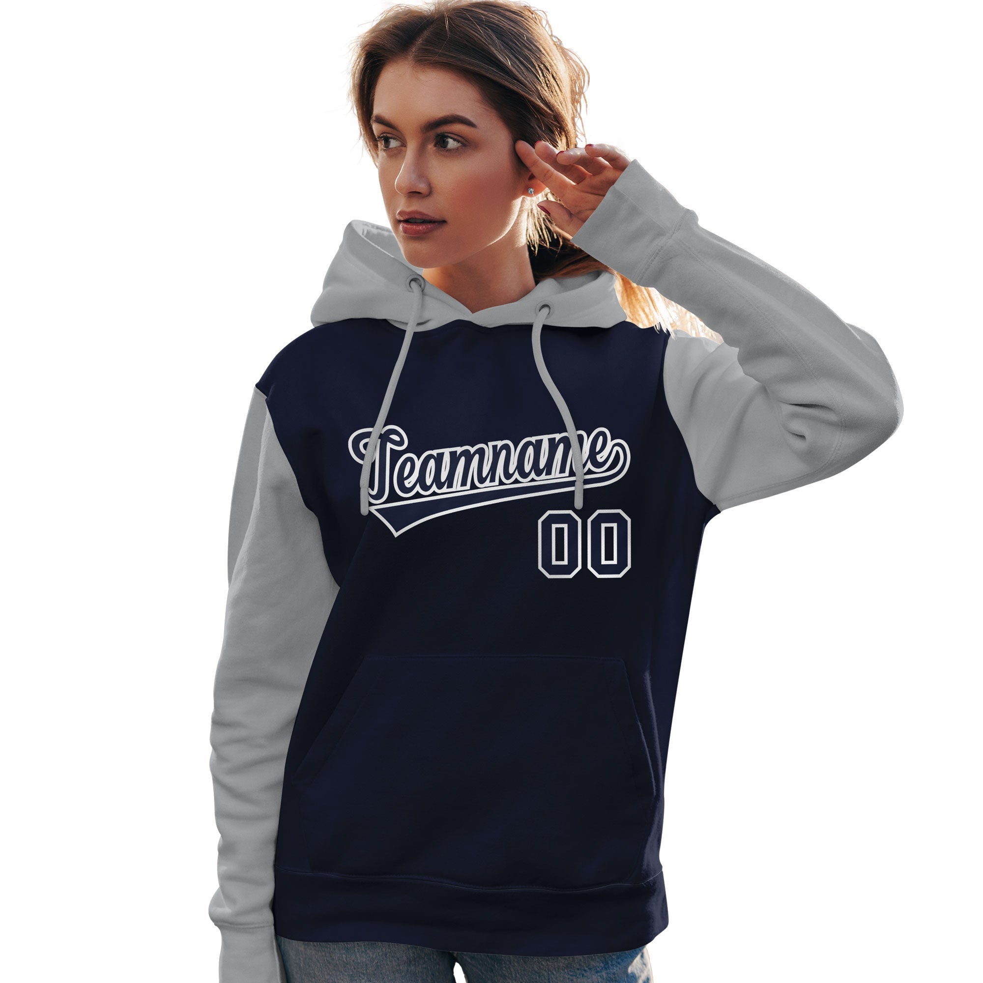 Custom Navy White-Gray Raglan Sleeves Pullover Personalized Team Sweatshirt Hoodie