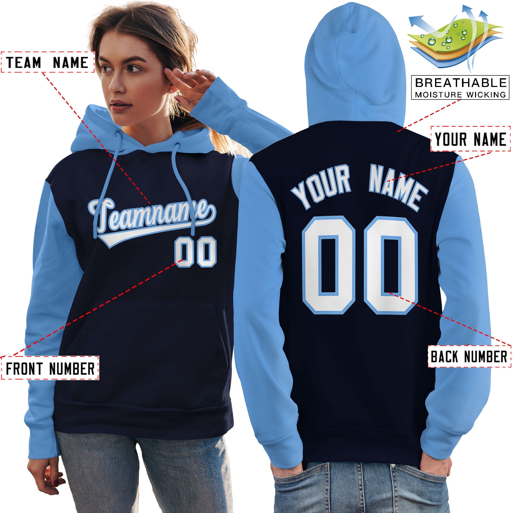 Custom Navy White-Light Blue Raglan Sleeves Pullover Personalized Team Sweatshirt Hoodie