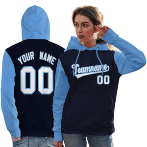 Custom Navy White-Light Blue Raglan Sleeves Pullover Personalized Team Sweatshirt Hoodie