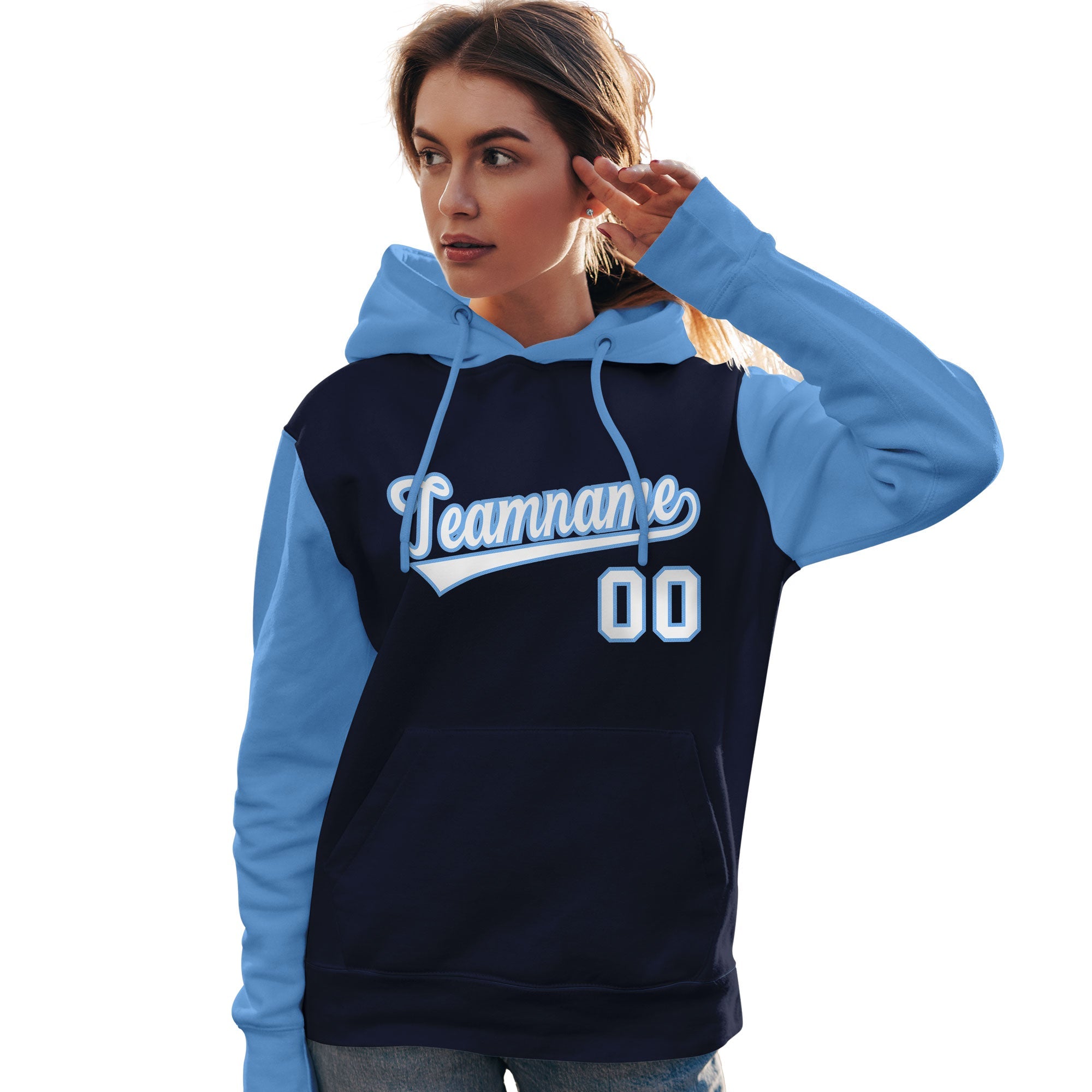 Custom Navy White-Light Blue Raglan Sleeves Pullover Personalized Team Sweatshirt Hoodie