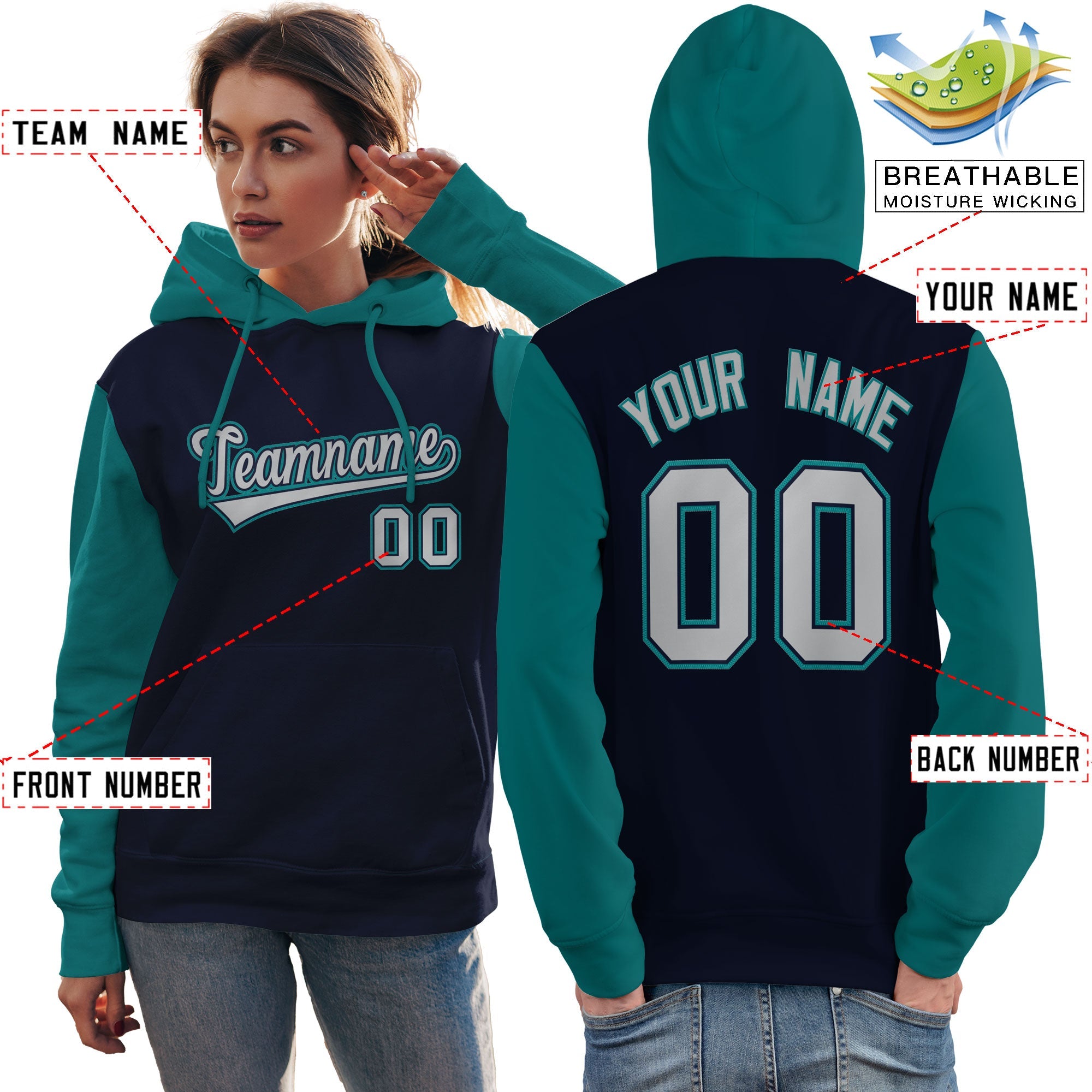 Custom Navy Gray-Aqua Raglan Sleeves Pullover Personalized Team Sweatshirt Hoodie