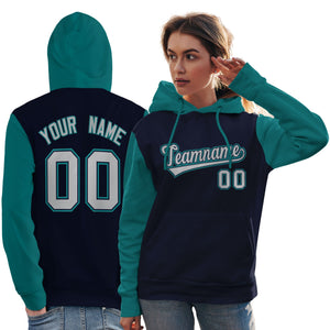 Custom Navy Gray-Aqua Raglan Sleeves Pullover Personalized Team Sweatshirt Hoodie