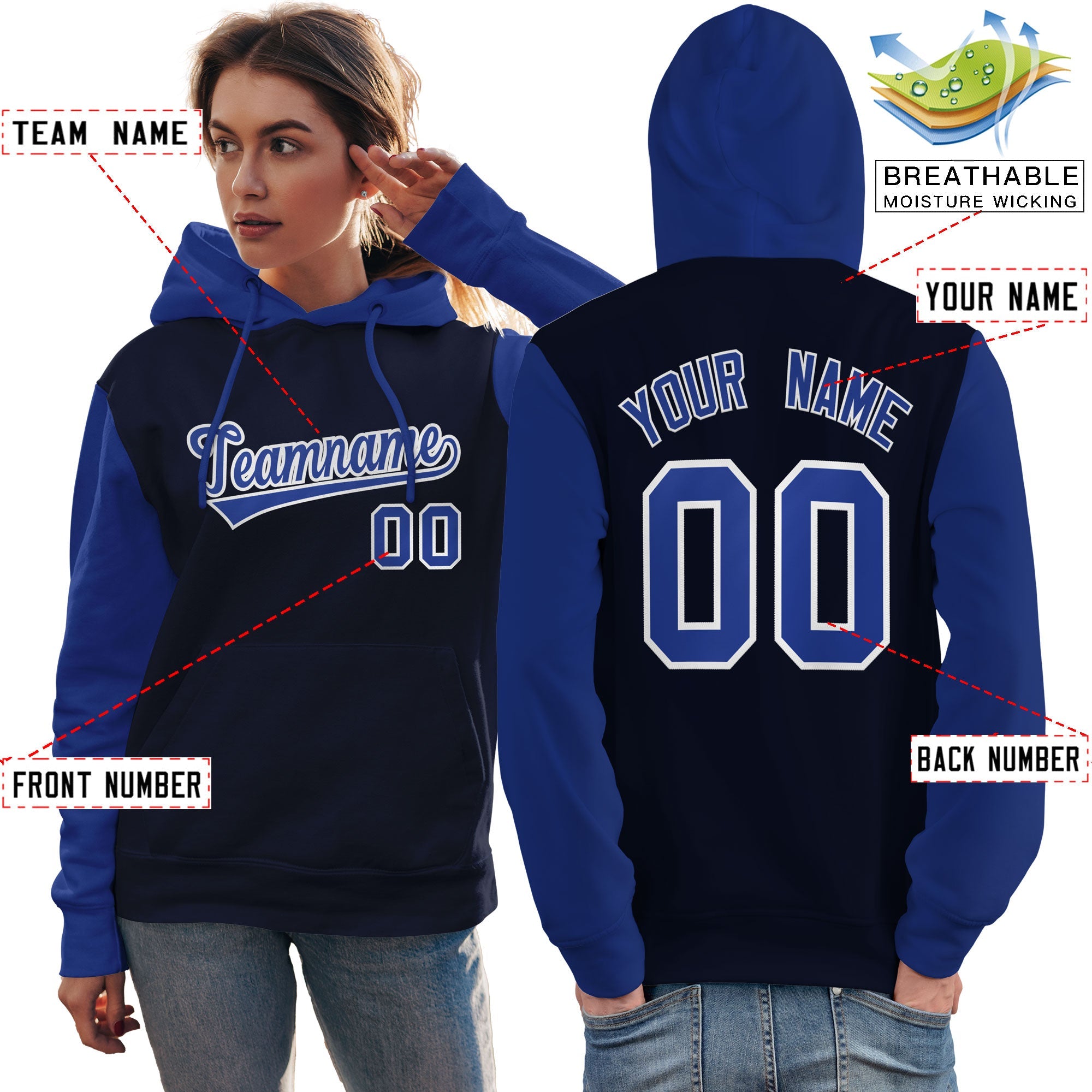 Custom Navy Royal-White Raglan Sleeves Pullover Personalized Team Sweatshirt Hoodie