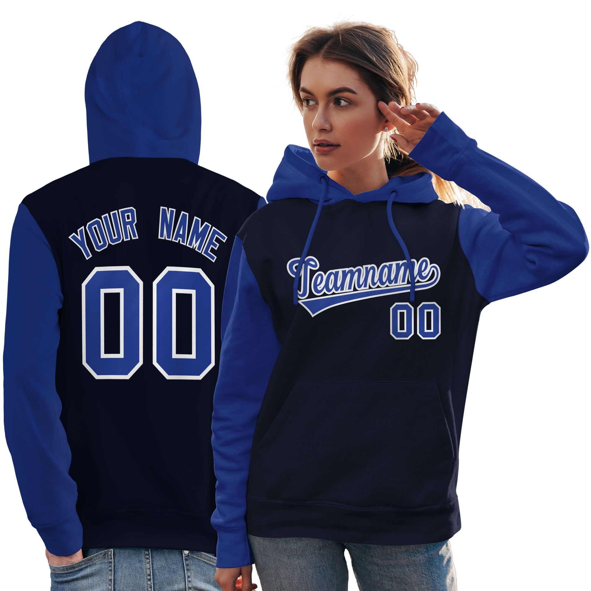 Custom Navy Royal-White Raglan Sleeves Pullover Personalized Team Sweatshirt Hoodie